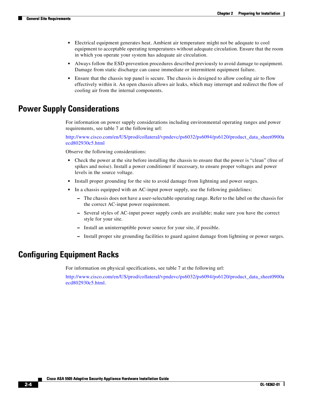 Cisco Systems ASA5505BUNK9, ASA 5505BUNK9, ASA5505K8RF manual Power Supply Considerations, Configuring Equipment Racks 