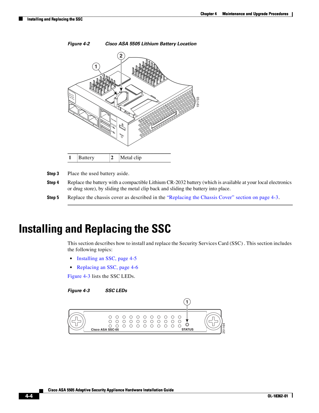 Cisco Systems ASA5505BUNK9, ASA 5505BUNK9, ASA5505K8RF manual Installing and Replacing the SSC, •Installing an SSC, page 
