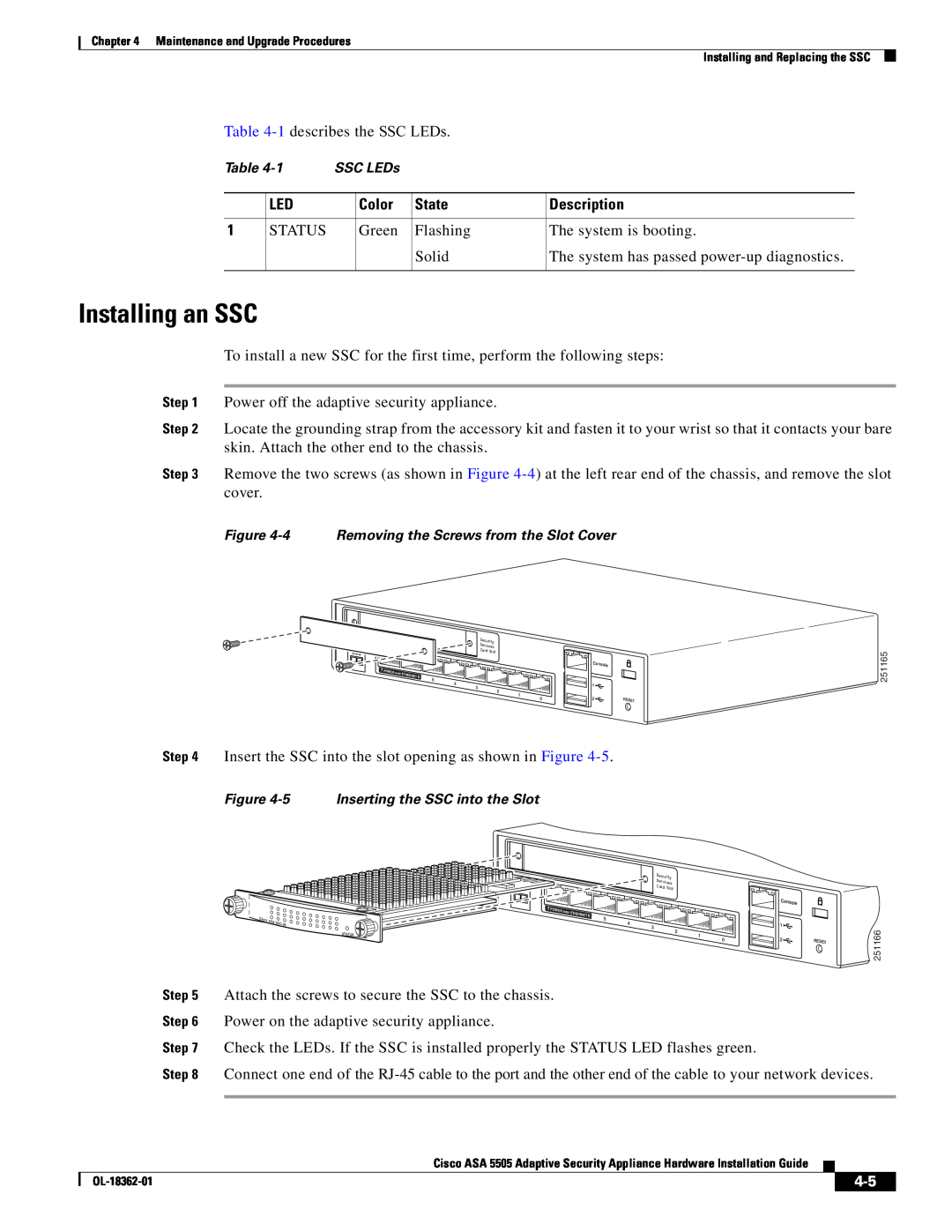 Cisco Systems ASA5505K8RF, ASA 5505BUNK9, ASA5505BUNK9 manual Installing an SSC, Color, State, Description 