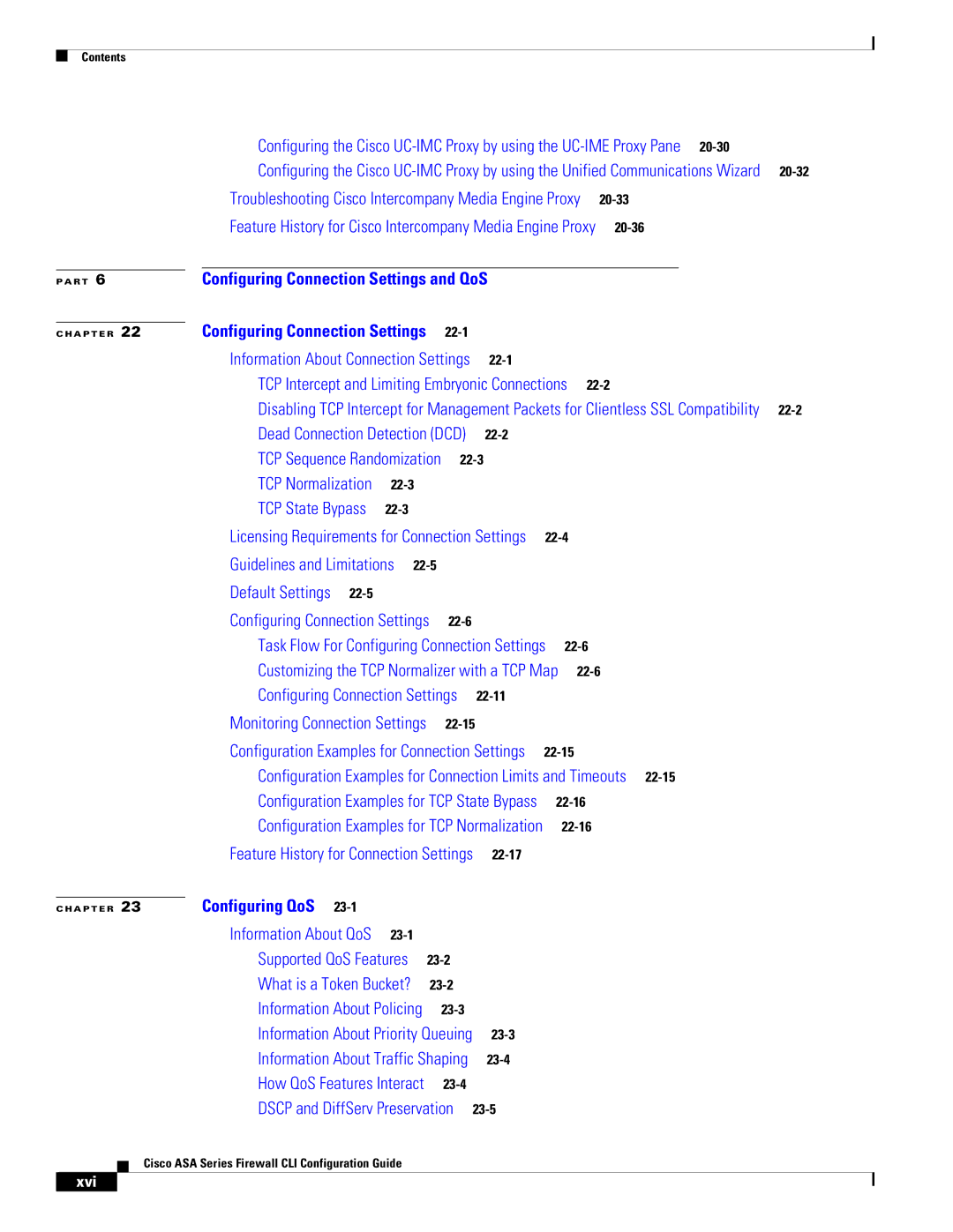 Cisco Systems ASA 5580, ASA 5505, ASA 5545-X, ASA 5555-X, ASA 5585-X manual Configuring Connection Settings and QoS, Xvi 