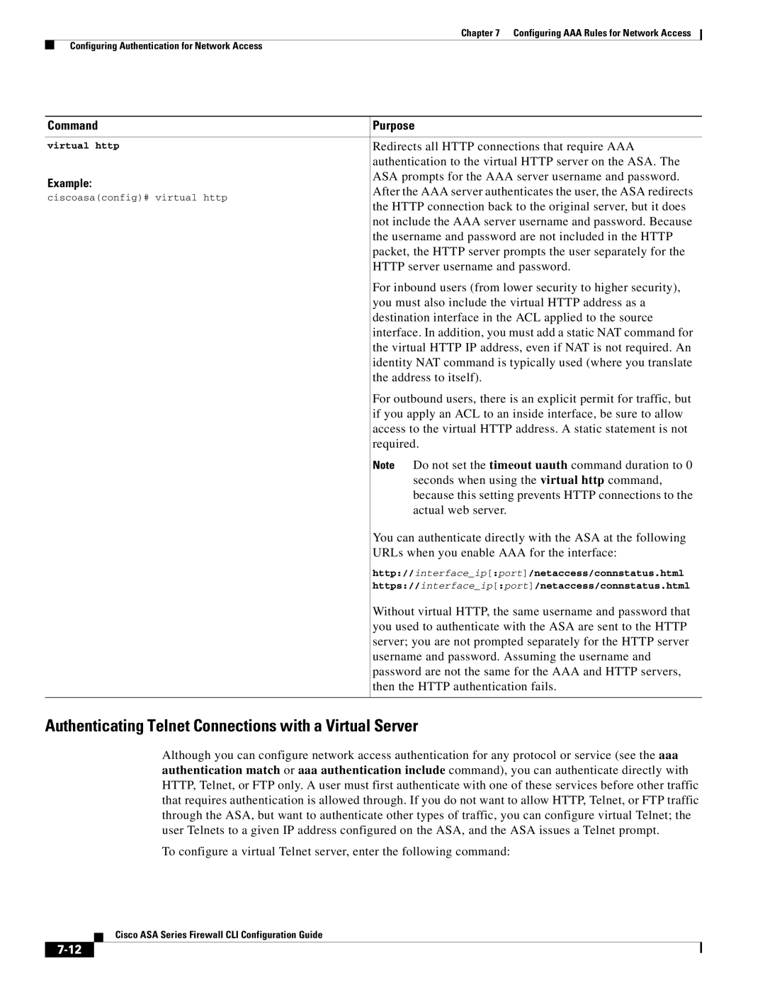 Cisco Systems ASA 5580, ASA 5505, ASA 5545-X, ASA 5555-X, ASA 5585-X Authenticating Telnet Connections with a Virtual Server 