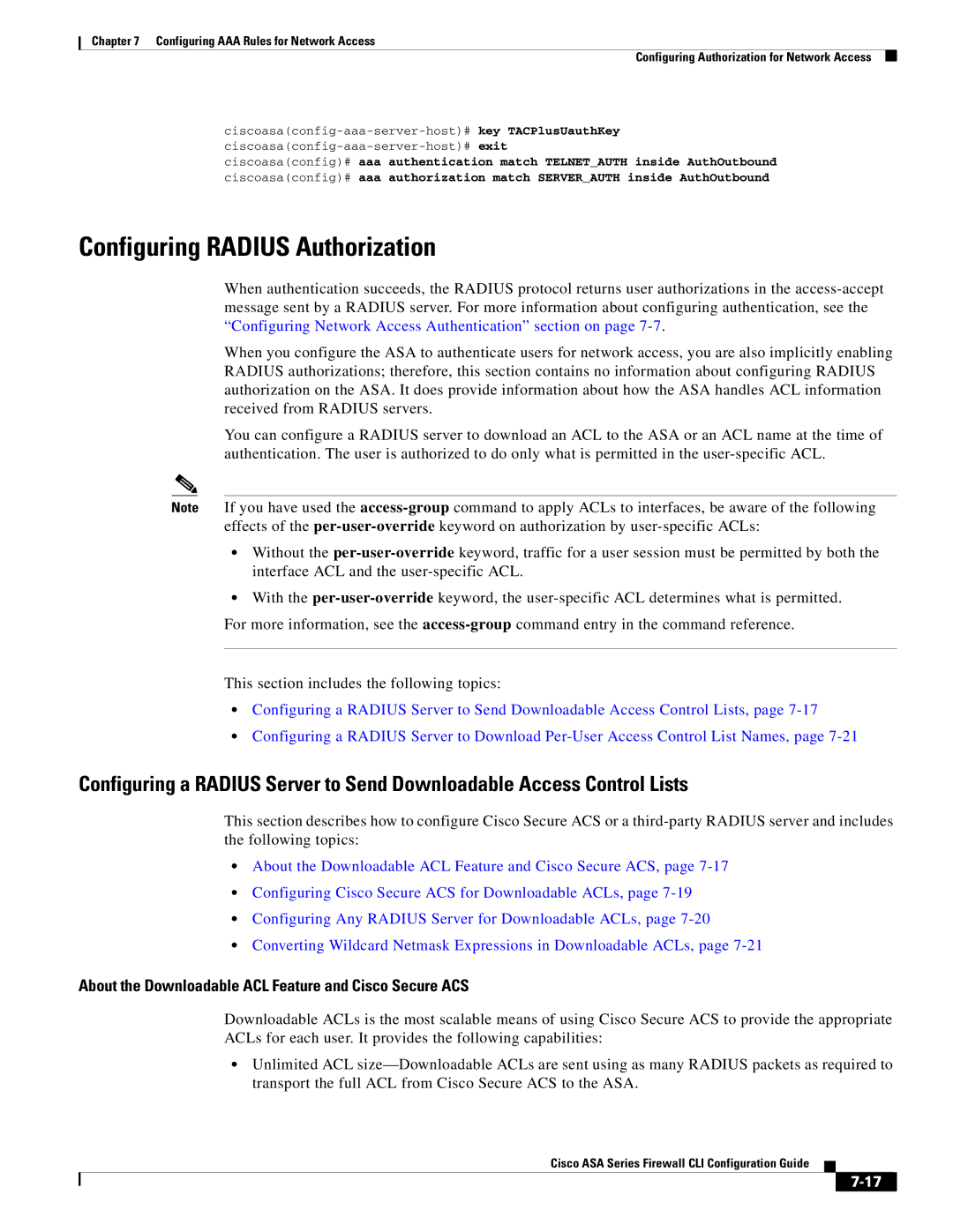 Cisco Systems ASA 5585-X manual Configuring Radius Authorization, About the Downloadable ACL Feature and Cisco Secure ACS 