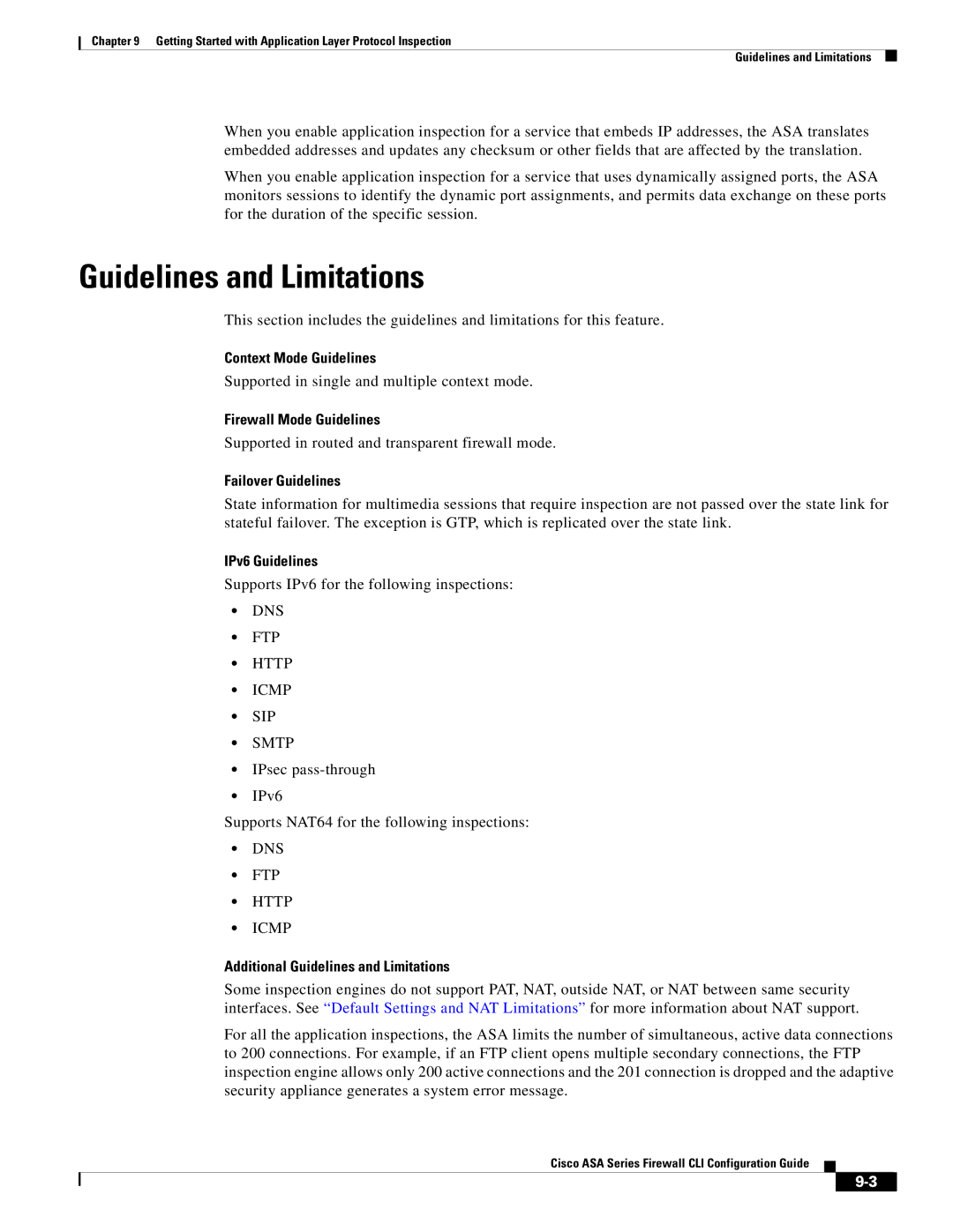 Cisco Systems and the ASA Services Module, ASA 5505 manual Failover Guidelines, Supports IPv6 for the following inspections 