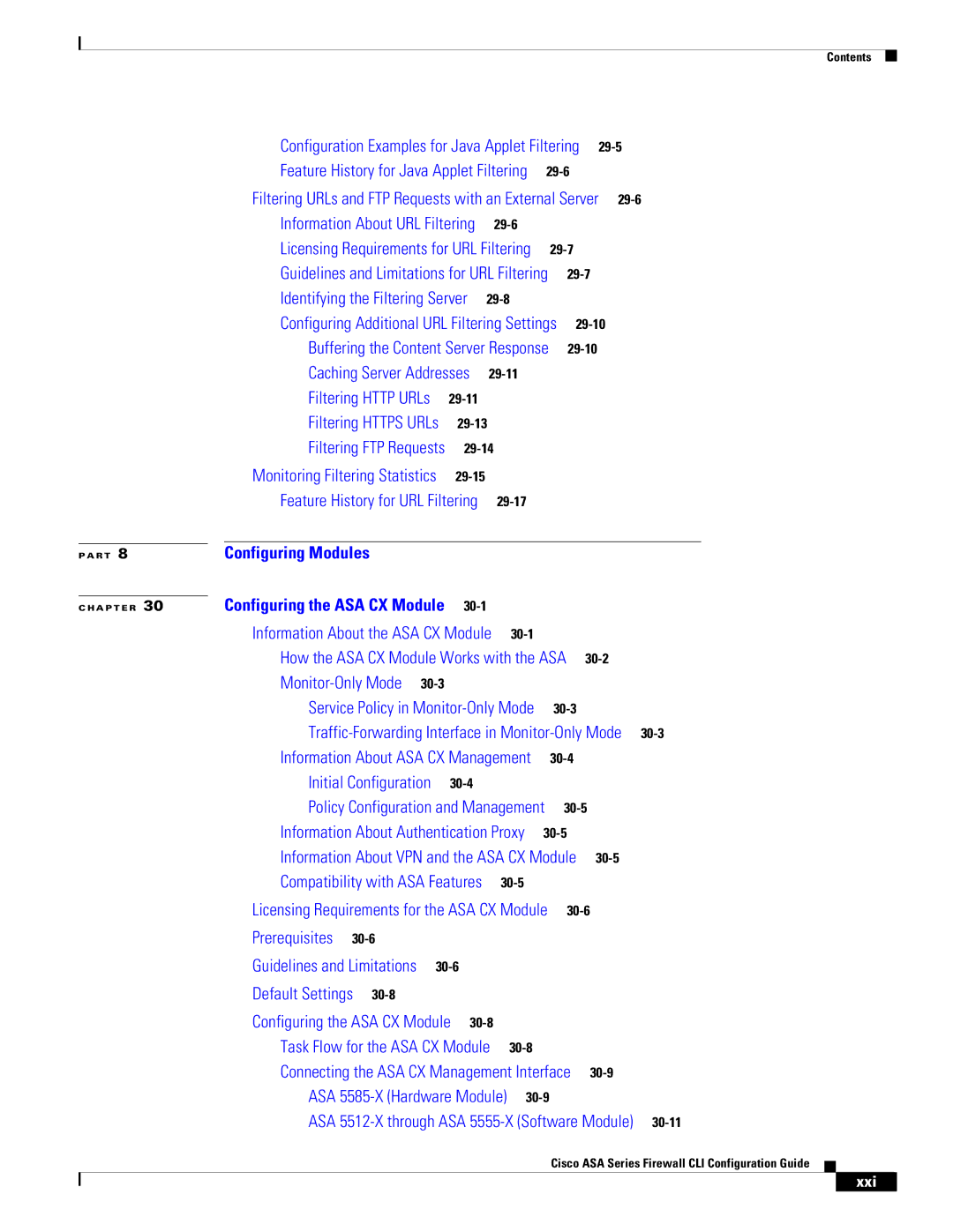 Cisco Systems ASA 5585-X, ASA 5505, ASA 5545-X, ASA 5555-X manual Filtering URLs and FTP Requests with an External Server, Xxi 