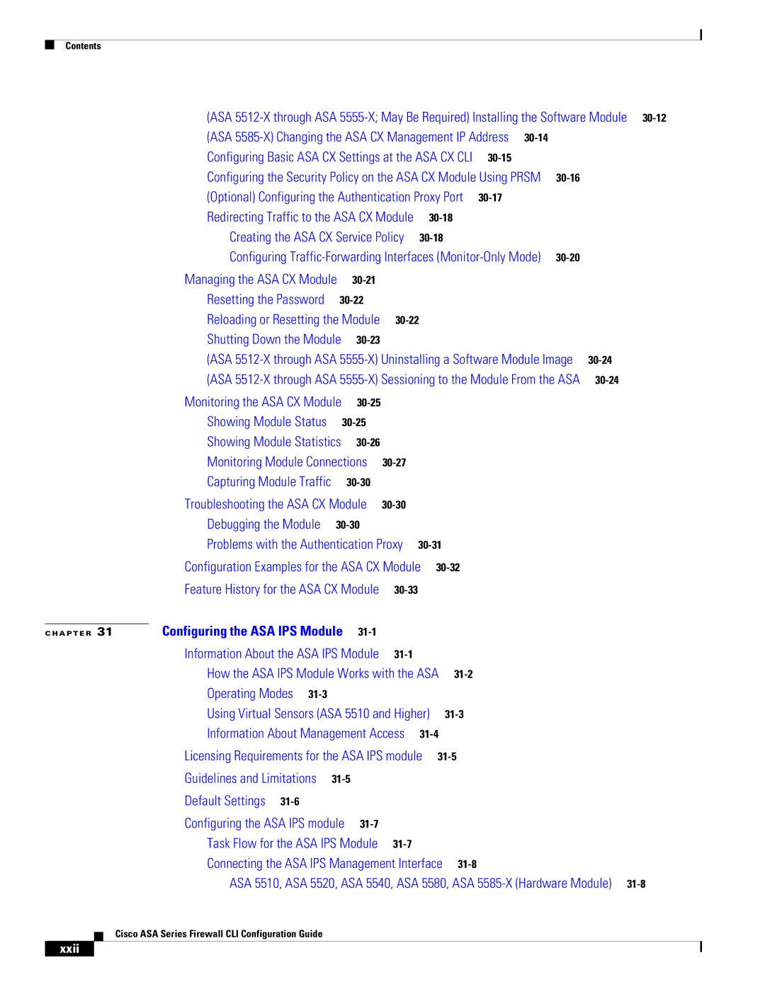 Cisco Systems ASA 5580, ASA 5505, ASA 5545-X, ASA 5555-X, ASA 5585-X, and the ASA Services Module manual Xxii, 30-15 