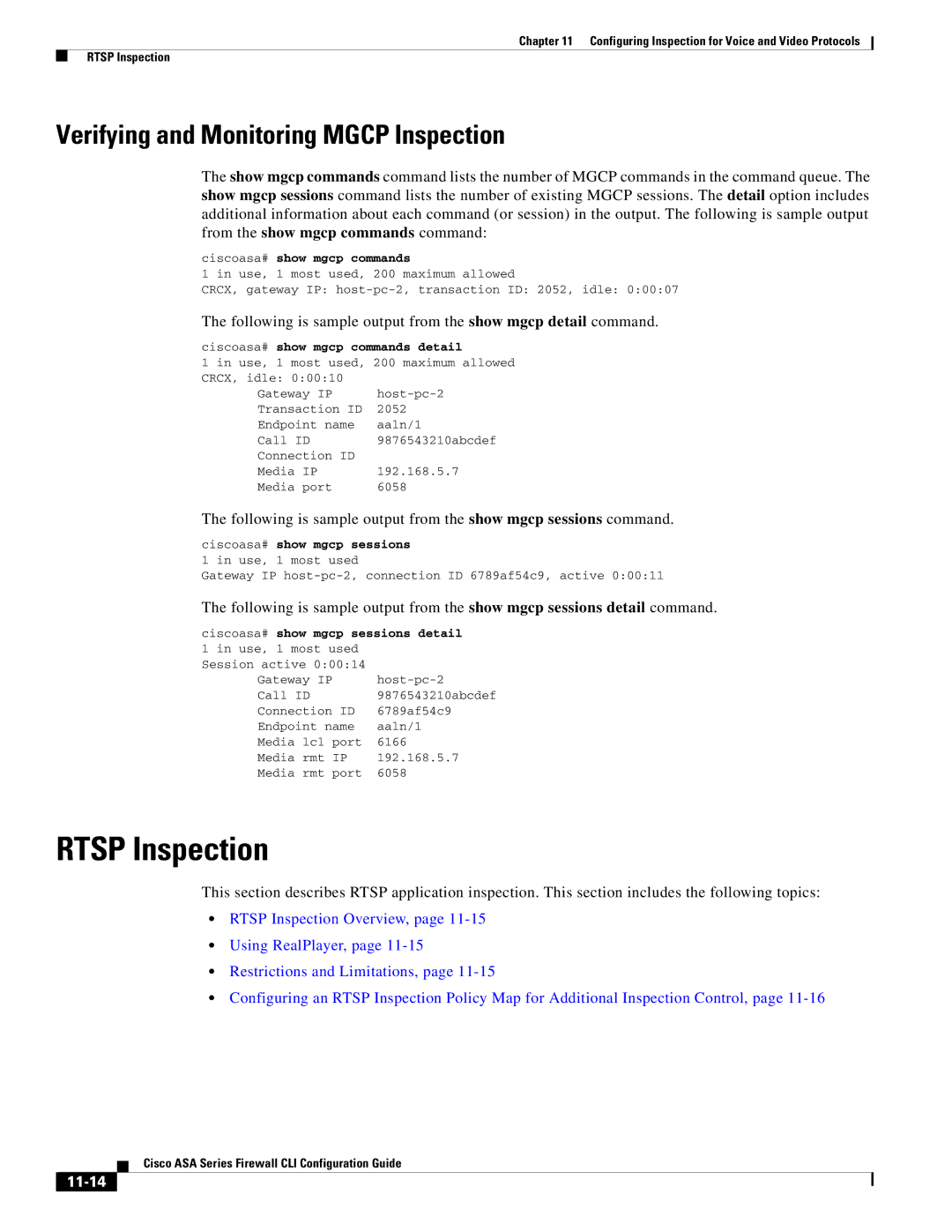 Cisco Systems ASA 5580, ASA 5505, ASA 5545-X, ASA 5555-X Rtsp Inspection, Verifying and Monitoring Mgcp Inspection, 11-14 