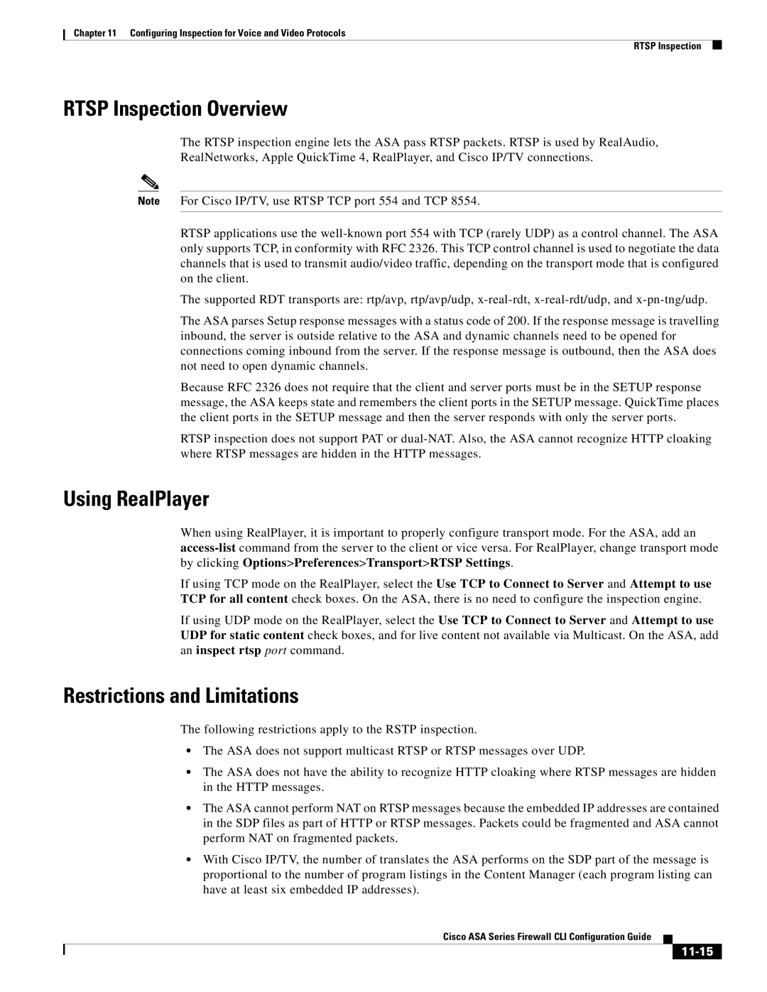 Cisco Systems and the ASA Services Module Rtsp Inspection Overview, Using RealPlayer, Restrictions and Limitations, 11-15 