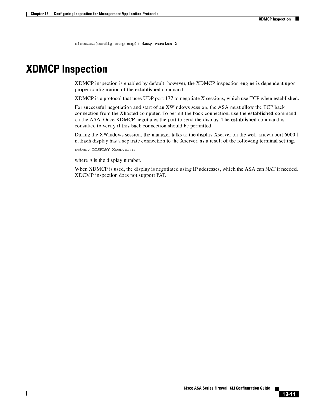 Cisco Systems and the ASA Services Module, ASA 5505, ASA 5545-X, ASA 5555-X, ASA 5585-X, ASA 5580 manual Xdmcp Inspection, 13-11 