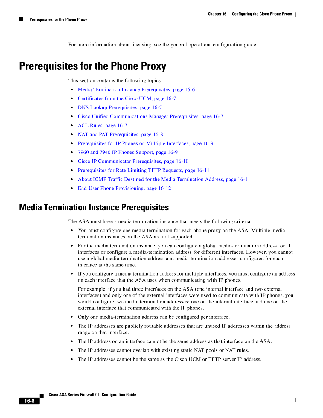 Cisco Systems ASA 5505, ASA 5545-X manual Prerequisites for the Phone Proxy, Media Termination Instance Prerequisites, 16-6 