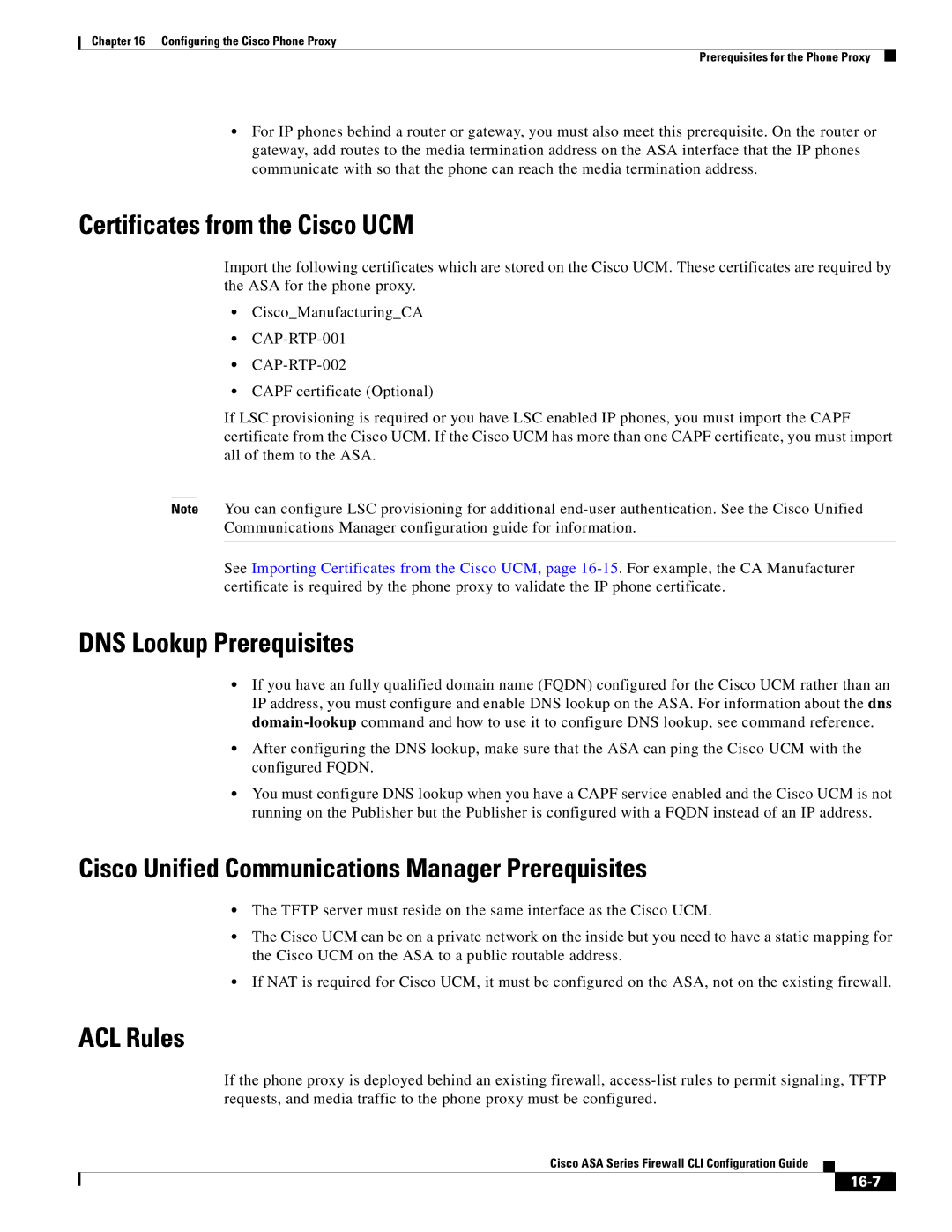 Cisco Systems ASA 5545-X, ASA 5505, ASA 5555-X Certificates from the Cisco UCM, DNS Lookup Prerequisites, ACL Rules, 16-7 