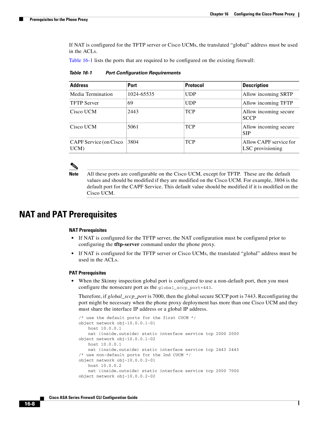 Cisco Systems ASA 5555-X, ASA 5505 NAT and PAT Prerequisites, Address Port Protocol Description, NAT Prerequisites, 16-8 