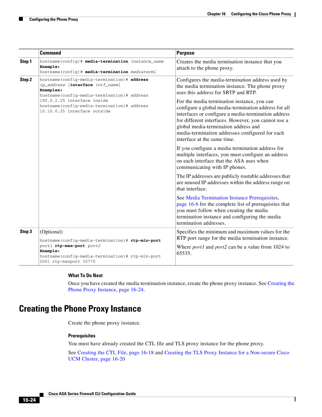 Cisco Systems ASA 5505, ASA 5545-X Creating the Phone Proxy Instance, See Media Termination Instance Prerequisites, 16-24 