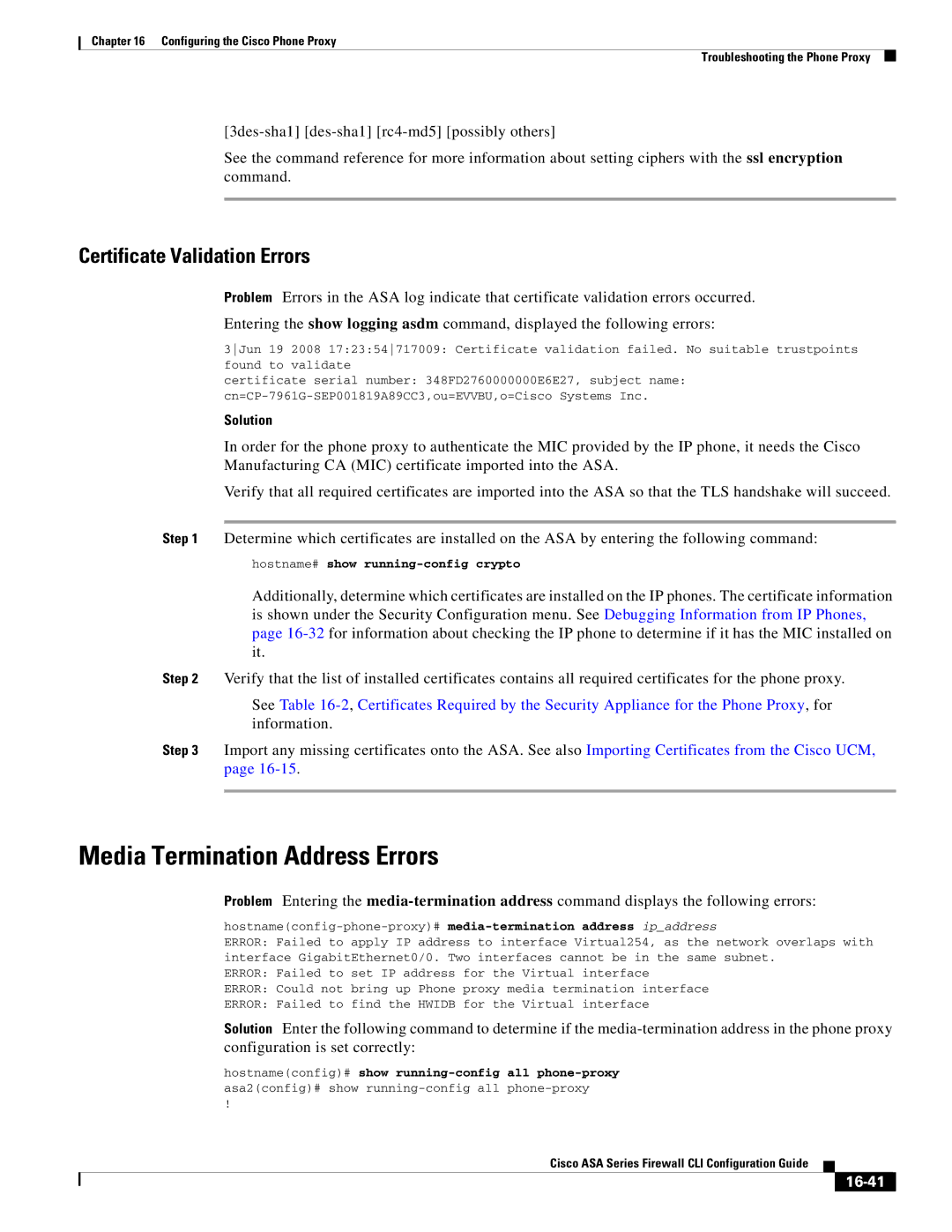 Cisco Systems and the ASA Services Module, ASA 5505 Media Termination Address Errors, Certificate Validation Errors, 16-41 