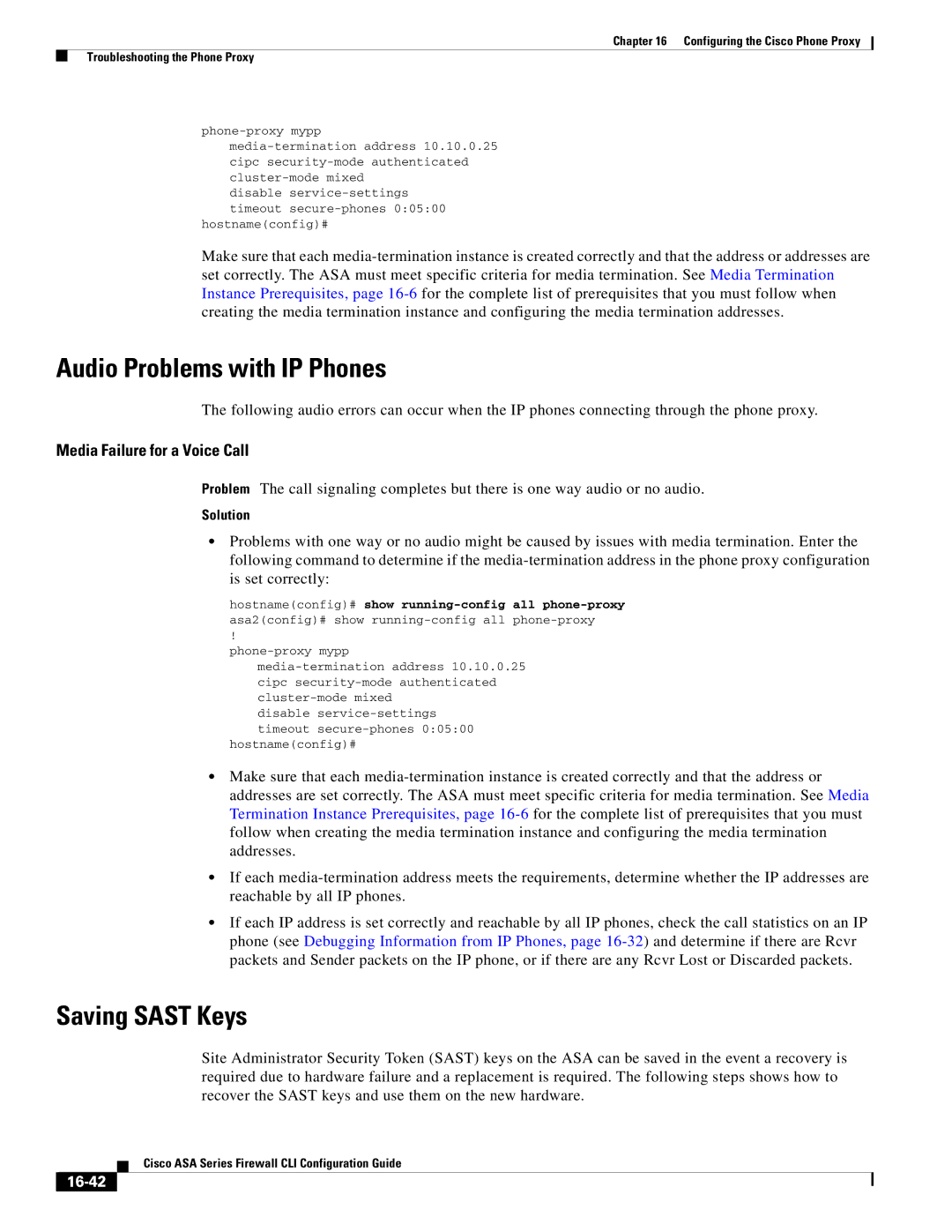 Cisco Systems ASA 5505, ASA 5545-X, ASA 5555-X, ASA 5585-X, ASA 5580 Audio Problems with IP Phones, Saving Sast Keys, 16-42 