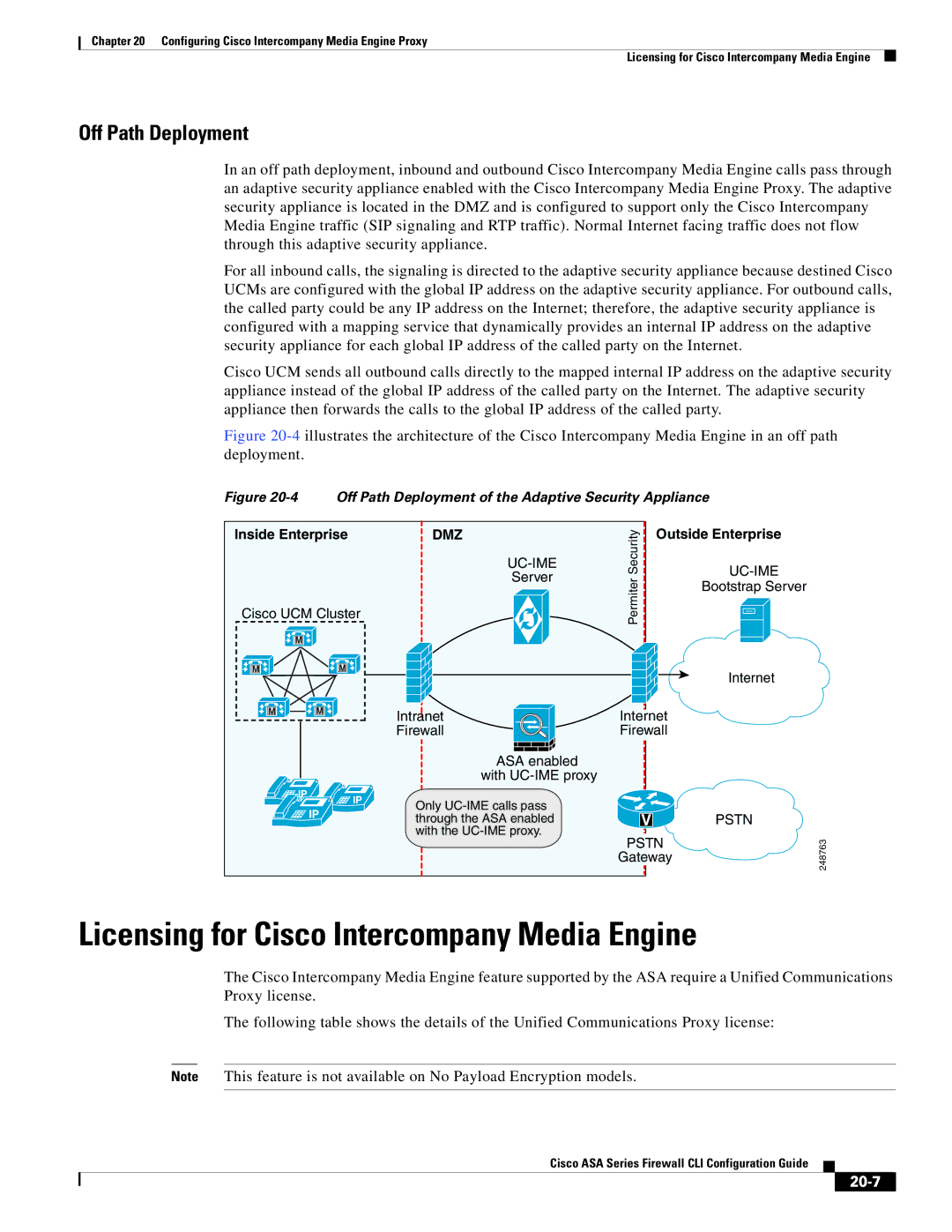 Cisco Systems and the ASA Services Module manual Licensing for Cisco Intercompany Media Engine, Off Path Deployment, 20-7 