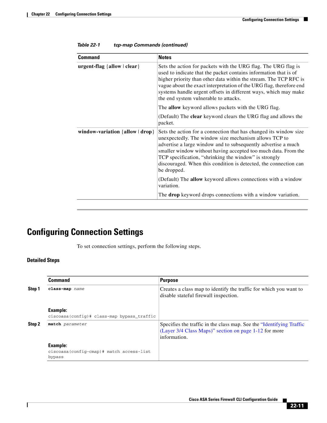 Cisco Systems and the ASA Services Module, ASA 5505 manual Configuring Connection Settings, Urgent-flag allow clear, 22-11 