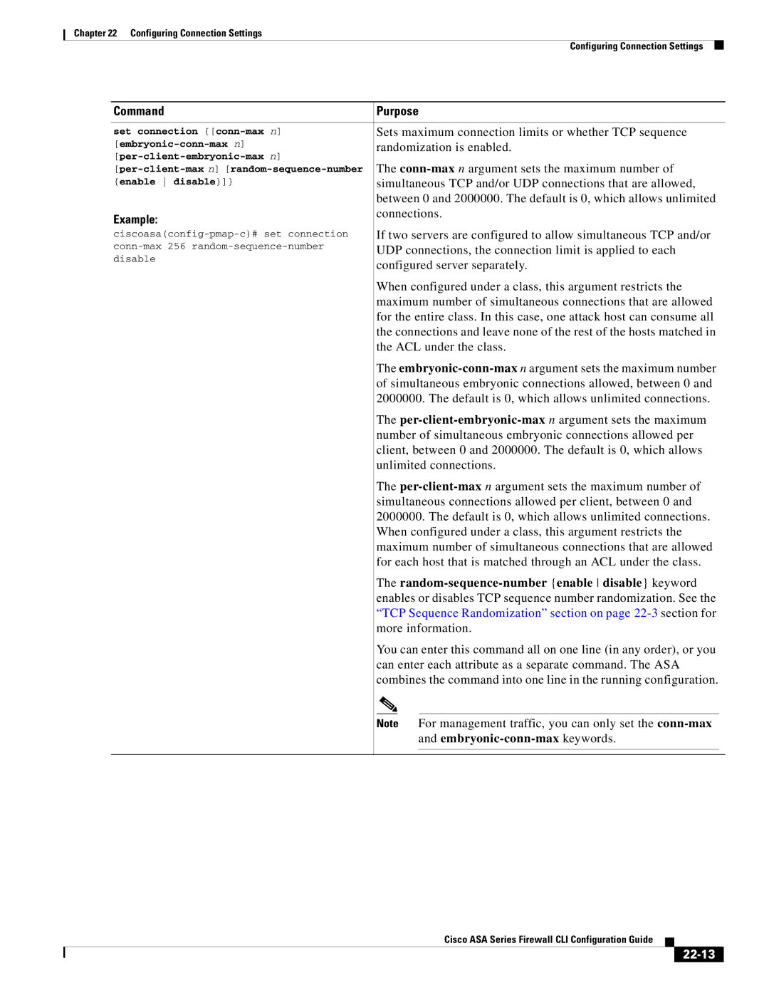 Cisco Systems ASA 5545-X, ASA 5505 manual Random-sequence-number enable disable keyword, Embryonic-conn-max keywords, 22-13 