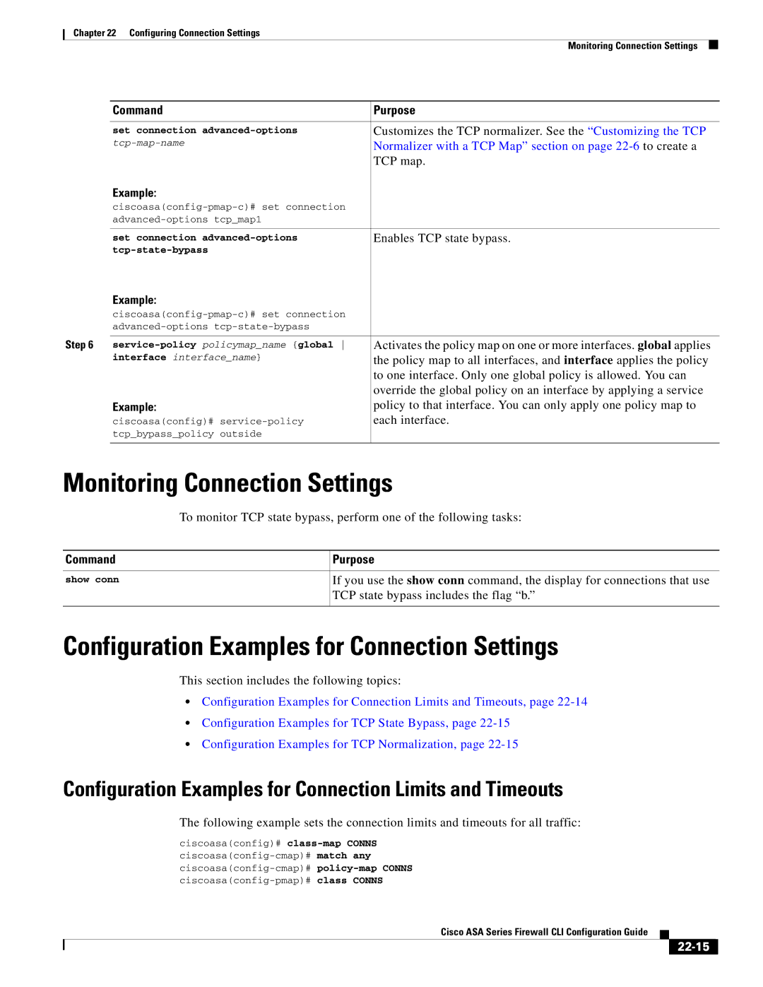 Cisco Systems ASA 5585-X Monitoring Connection Settings, Configuration Examples for Connection Settings, 22-15, Show conn 