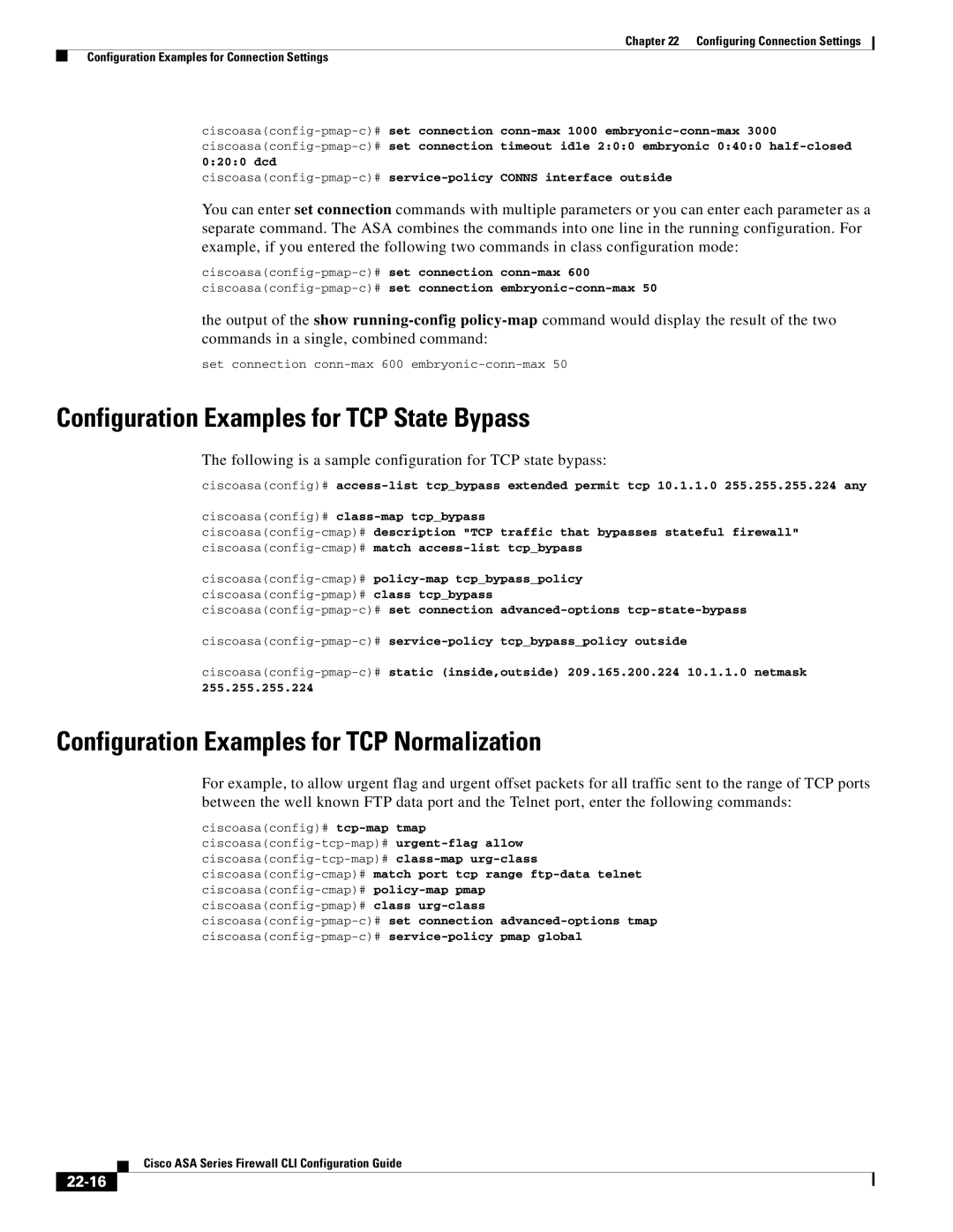 Cisco Systems ASA 5580 Configuration Examples for TCP State Bypass, Configuration Examples for TCP Normalization, 22-16 