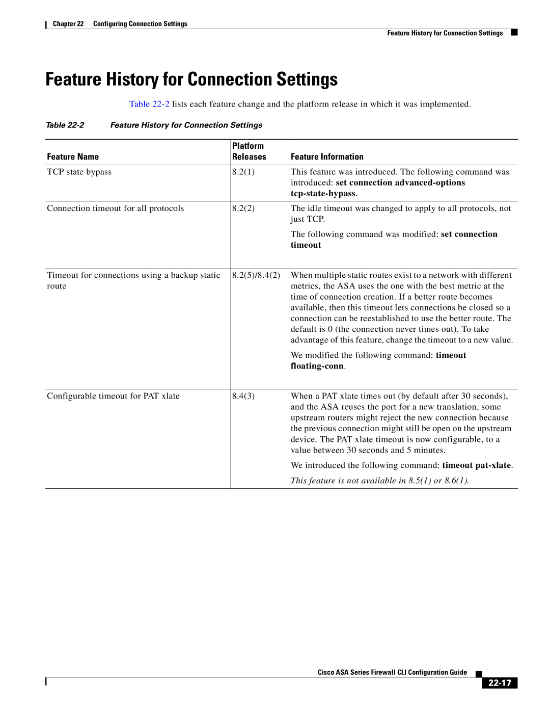 Cisco Systems and the ASA Services Module, ASA 5505, ASA 5545-X, ASA 5555-X Feature History for Connection Settings, 22-17 