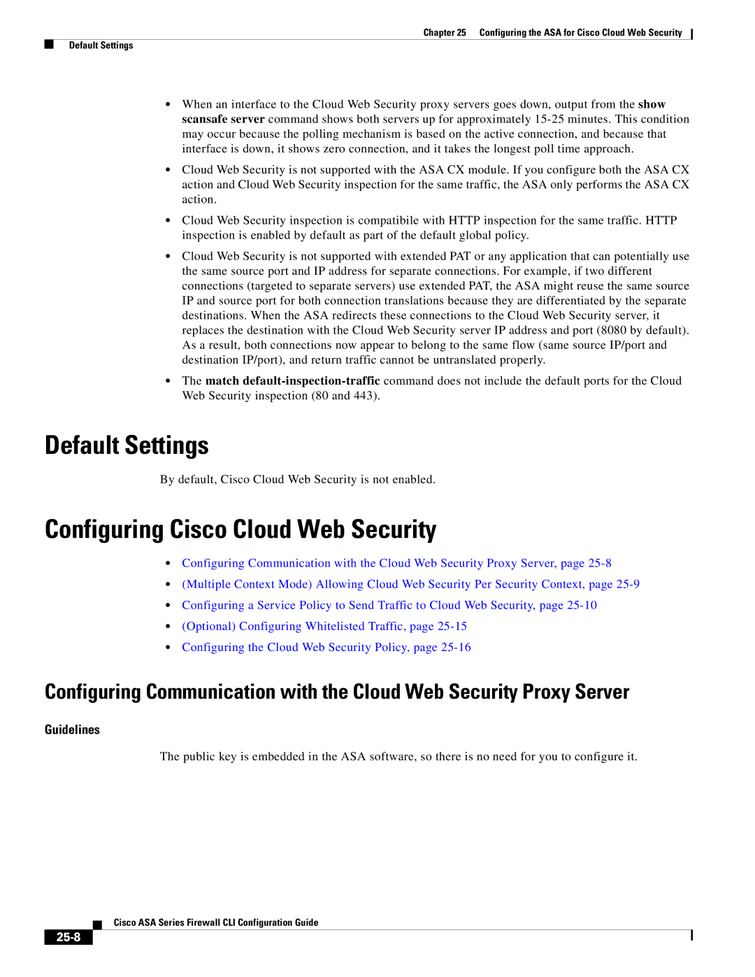 Cisco Systems ASA 5555-X Configuring Cisco Cloud Web Security, By default, Cisco Cloud Web Security is not enabled, 25-8 