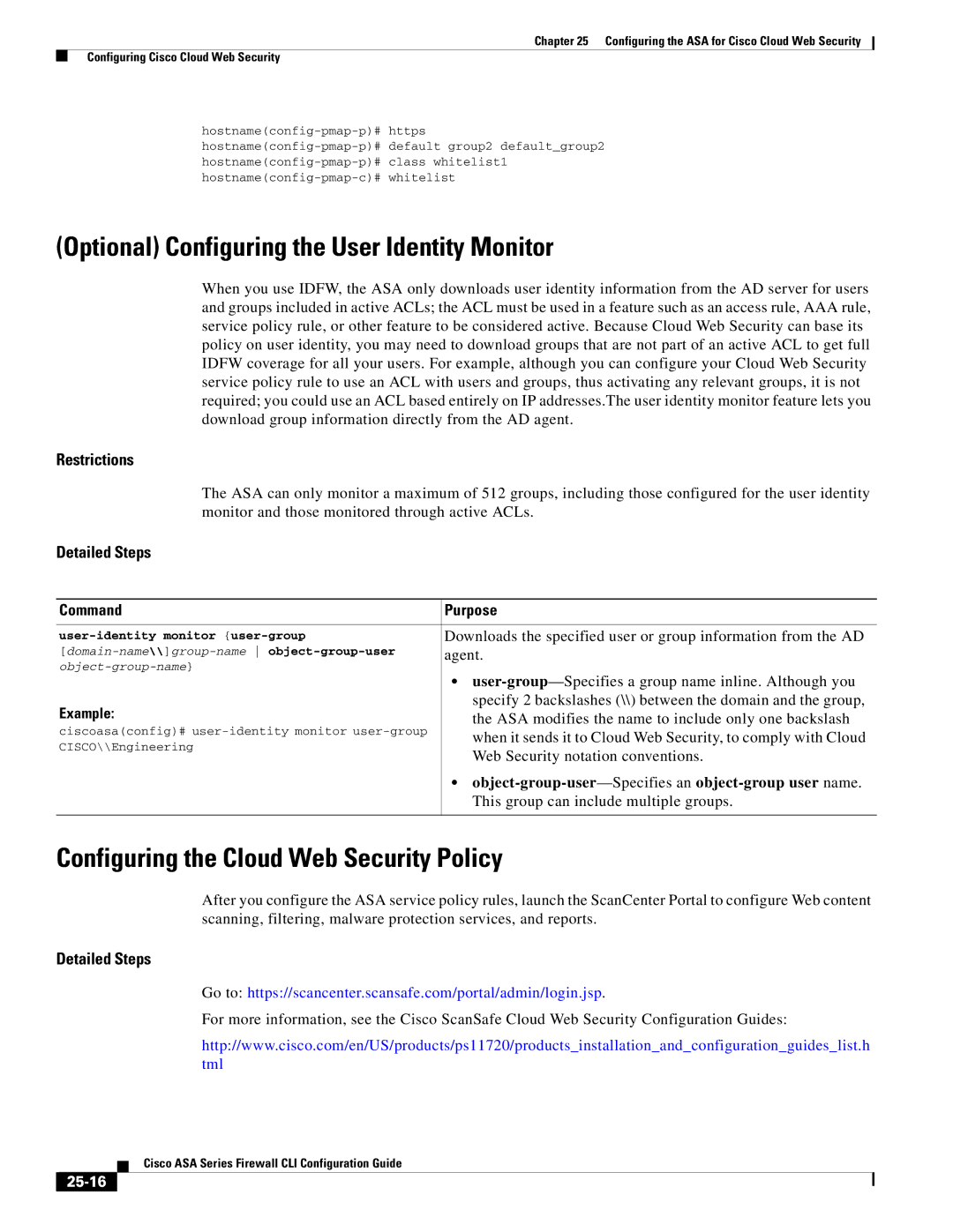 Cisco Systems ASA 5580 Optional Configuring the User Identity Monitor, Configuring the Cloud Web Security Policy, 25-16 