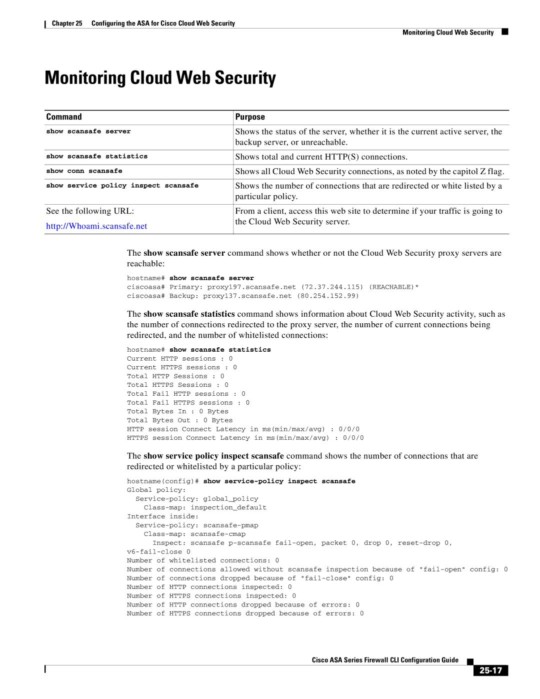 Cisco Systems and the ASA Services Module, ASA 5505 manual Monitoring Cloud Web Security, Http//Whoami.scansafe.net, 25-17 