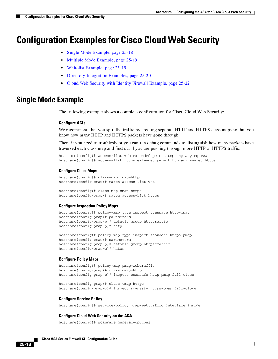 Cisco Systems ASA 5505, ASA 5545-X manual Configuration Examples for Cisco Cloud Web Security, Single Mode Example, 25-18 