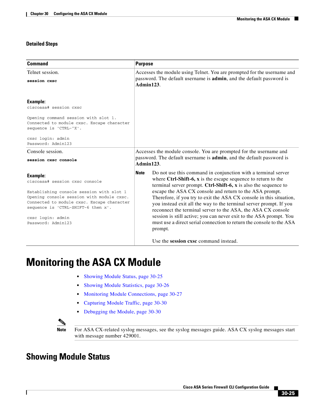 Cisco Systems ASA 5545-X, ASA 5505, ASA 5555-X manual Monitoring the ASA CX Module, Showing Module Status, Admin123, 30-25 