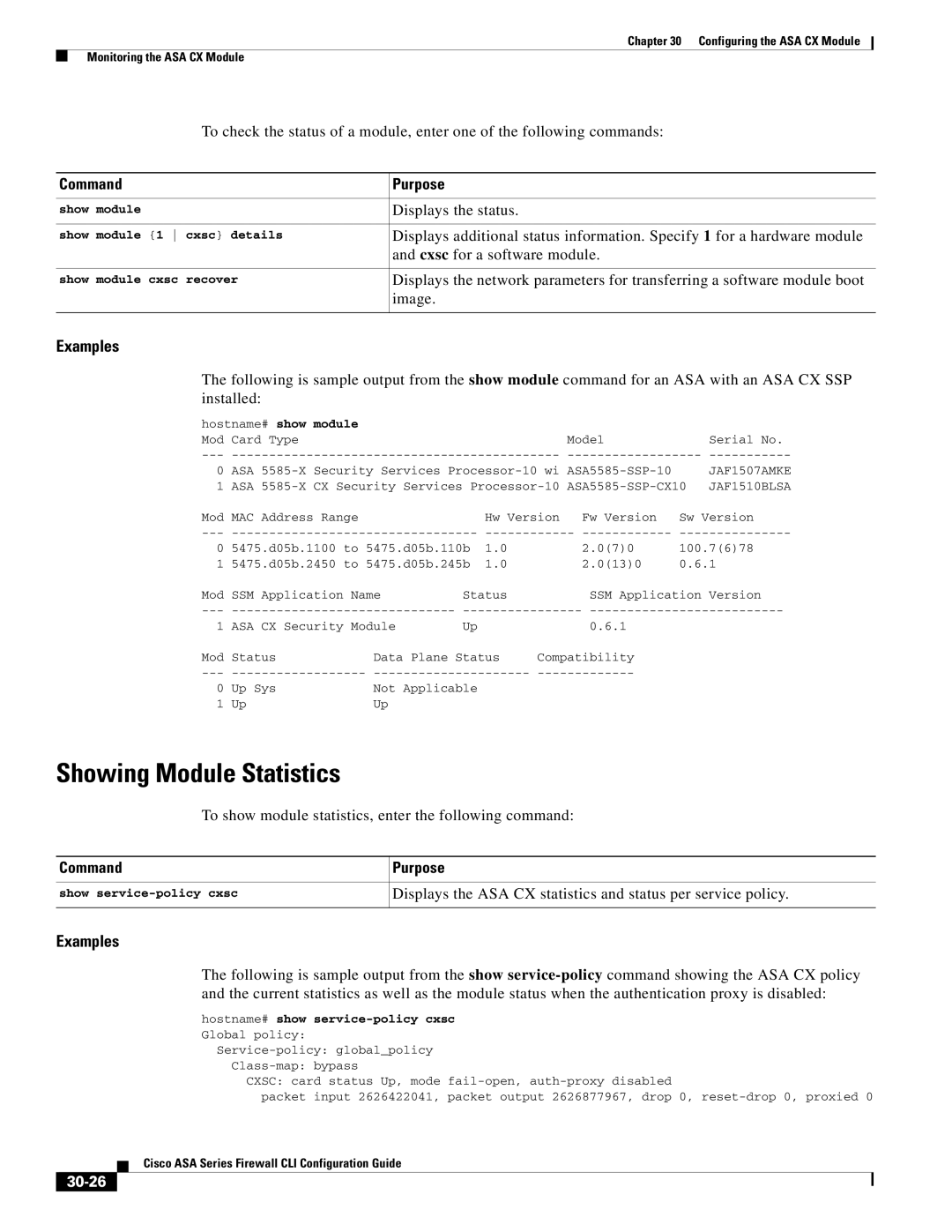 Cisco Systems ASA 5555-X, ASA 5505, ASA 5545-X, ASA 5585-X, ASA 5580 manual Showing Module Statistics, 30-26 