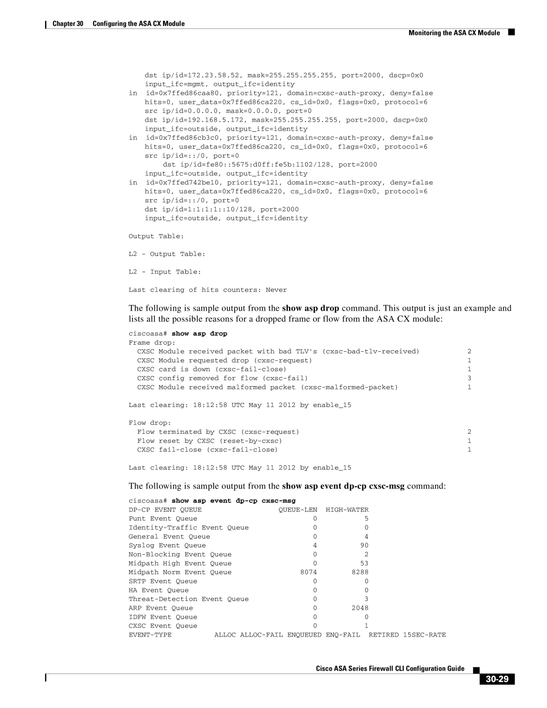 Cisco Systems and the ASA Services Module manual 30-29, Ciscoasa# show asp drop, Ciscoasa# show asp event dp-cp cxsc-msg 