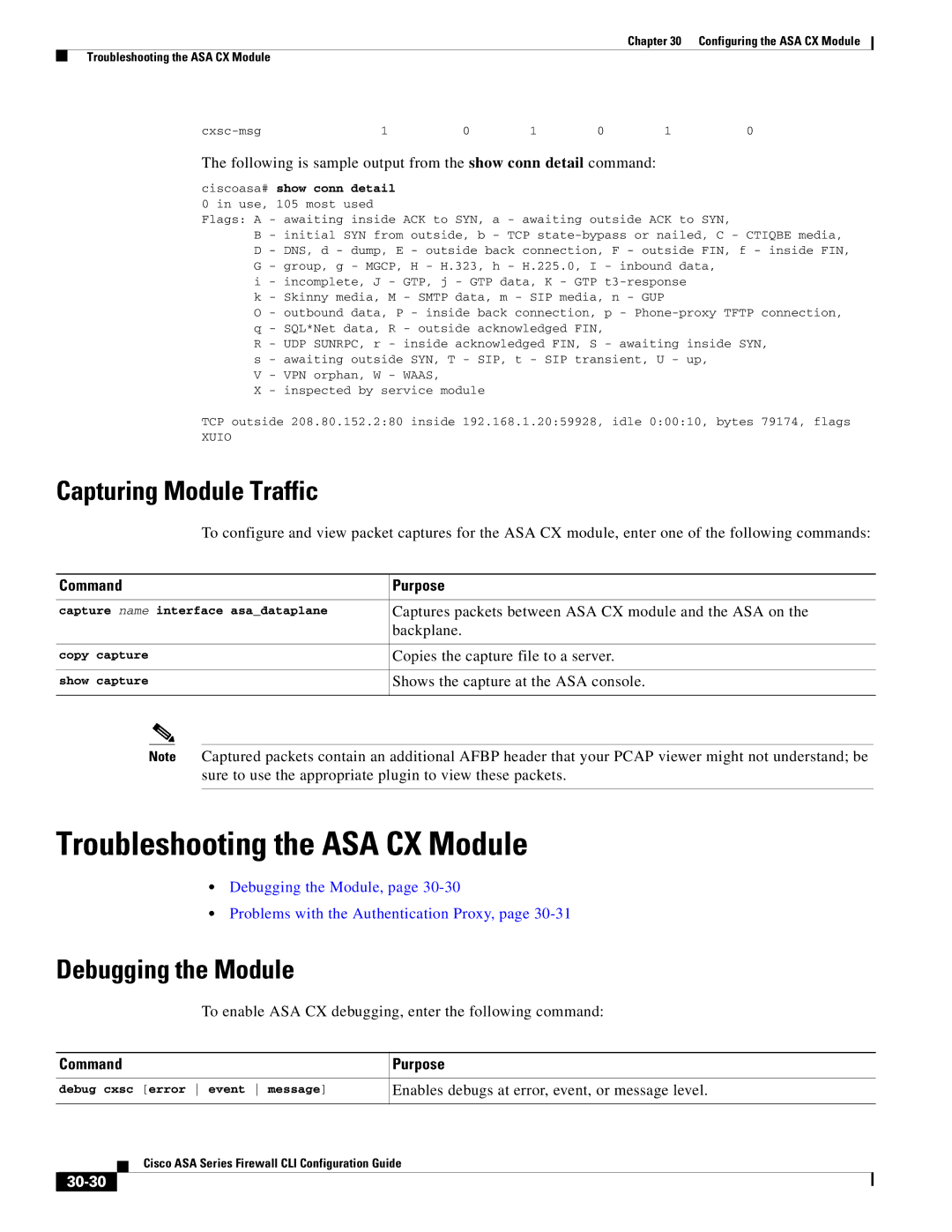 Cisco Systems ASA 5505, ASA 5580 Troubleshooting the ASA CX Module, Capturing Module Traffic, Debugging the Module, 30-30 