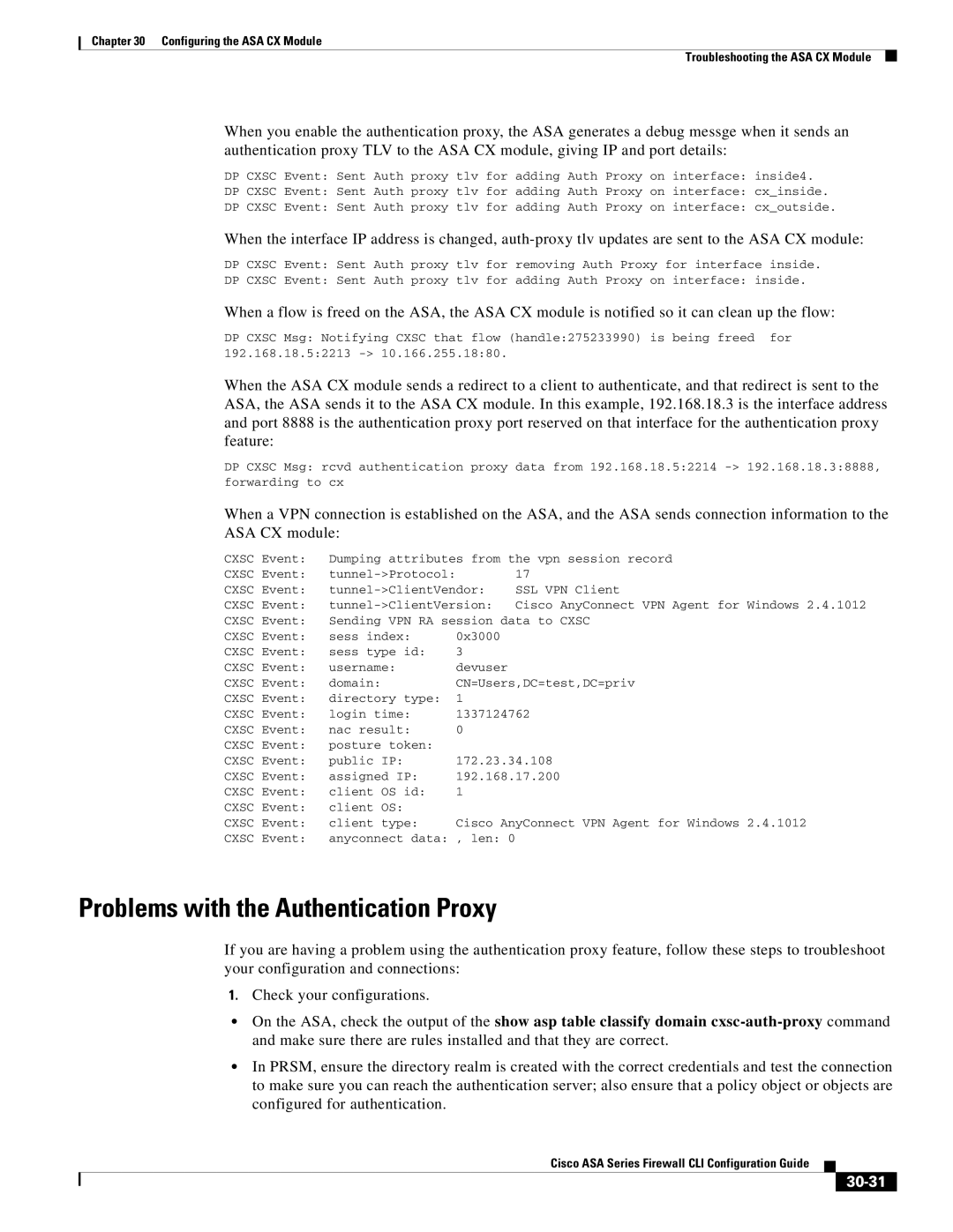 Cisco Systems ASA 5545-X, ASA 5505, ASA 5555-X, ASA 5585-X, ASA 5580 manual Problems with the Authentication Proxy, 30-31 