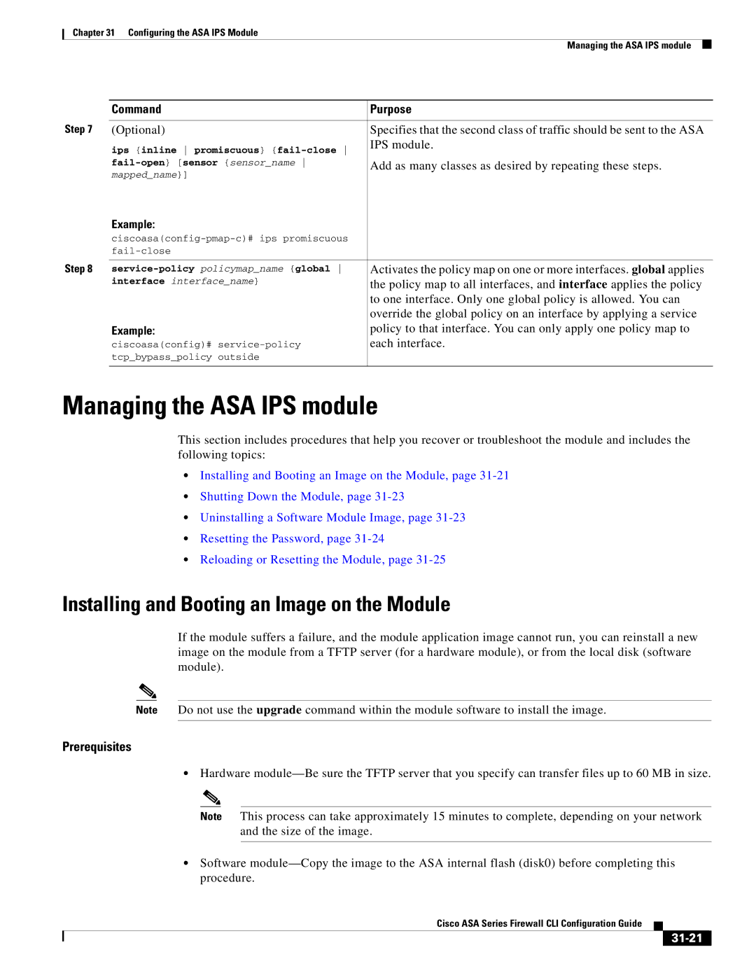 Cisco Systems ASA 5585-X, ASA 5505 manual Managing the ASA IPS module, Installing and Booting an Image on the Module, 31-21 