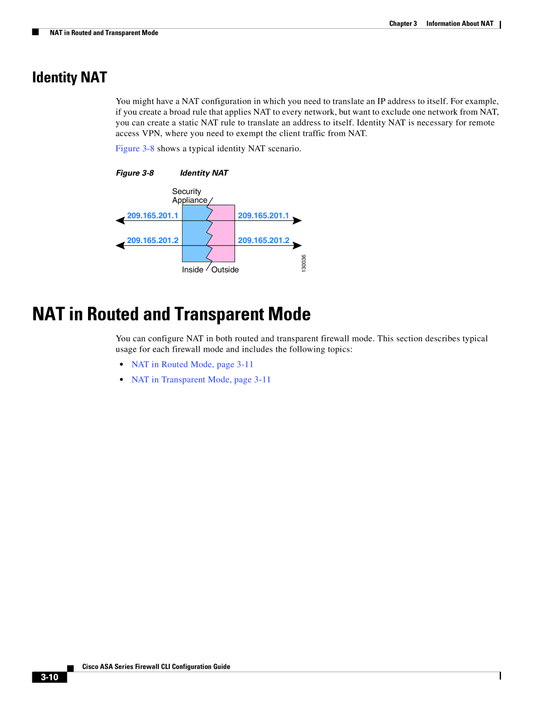 Cisco Systems ASA 5580 manual NAT in Routed and Transparent Mode, Identity NAT, NAT in Routed Mode, NAT in Transparent Mode 