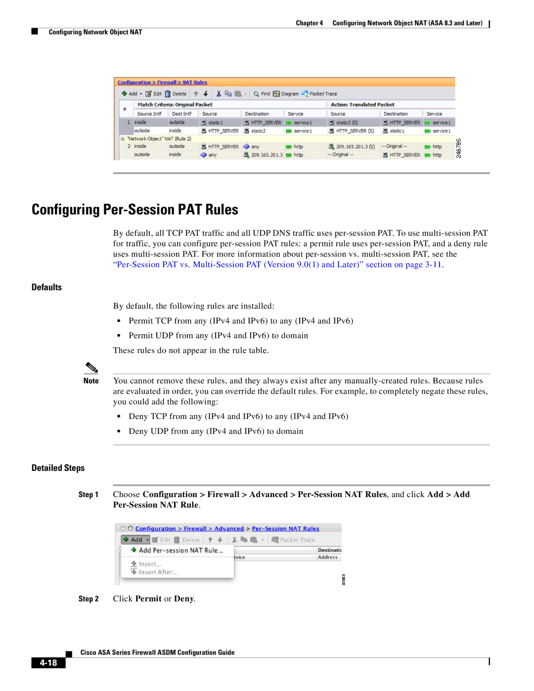 Cisco Systems ASA 5555-X, ASA 5505, ASA 5545-X, ASA 5585-X, ASA 5580 manual Configuring Per-Session PAT Rules, Defaults 