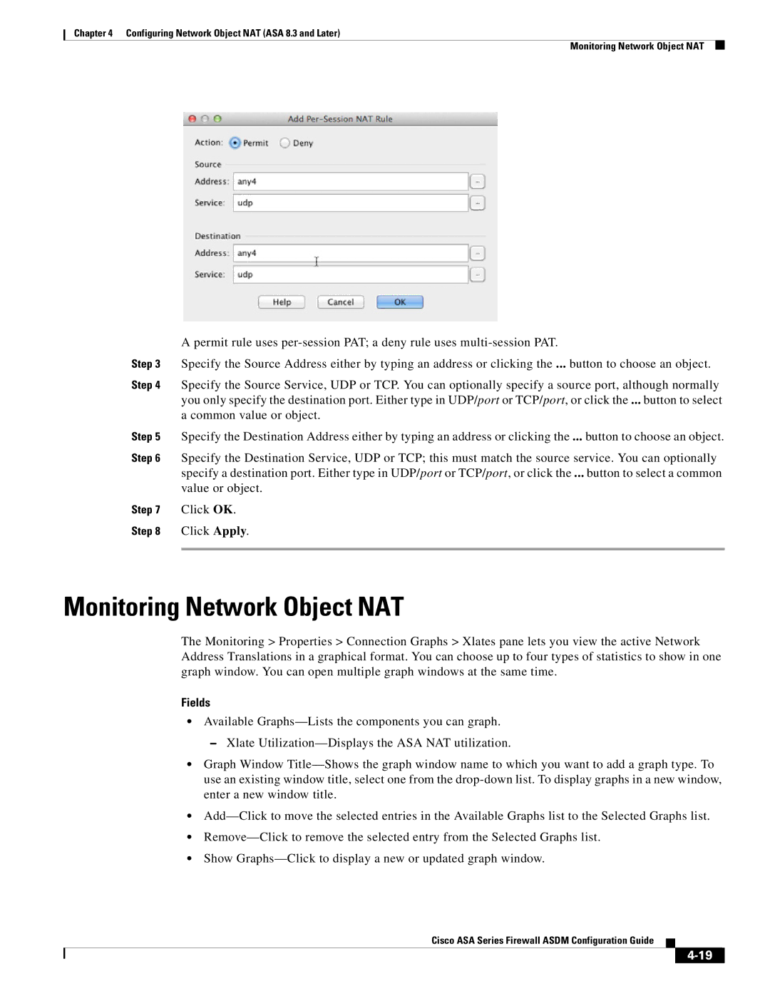 Cisco Systems ASA 5585-X, ASA 5505, ASA 5545-X, ASA 5555-X, ASA 5580 manual Monitoring Network Object NAT, Fields 