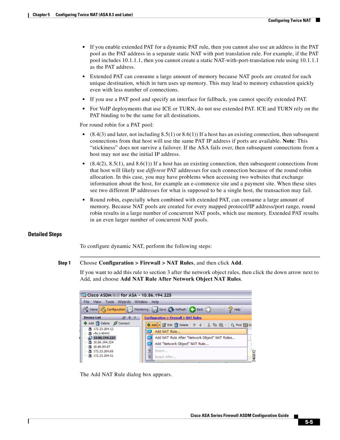 Cisco Systems ASA 5585-X, ASA 5505, ASA 5545-X, ASA 5555-X manual Choose Configuration Firewall NAT Rules, and then click Add 