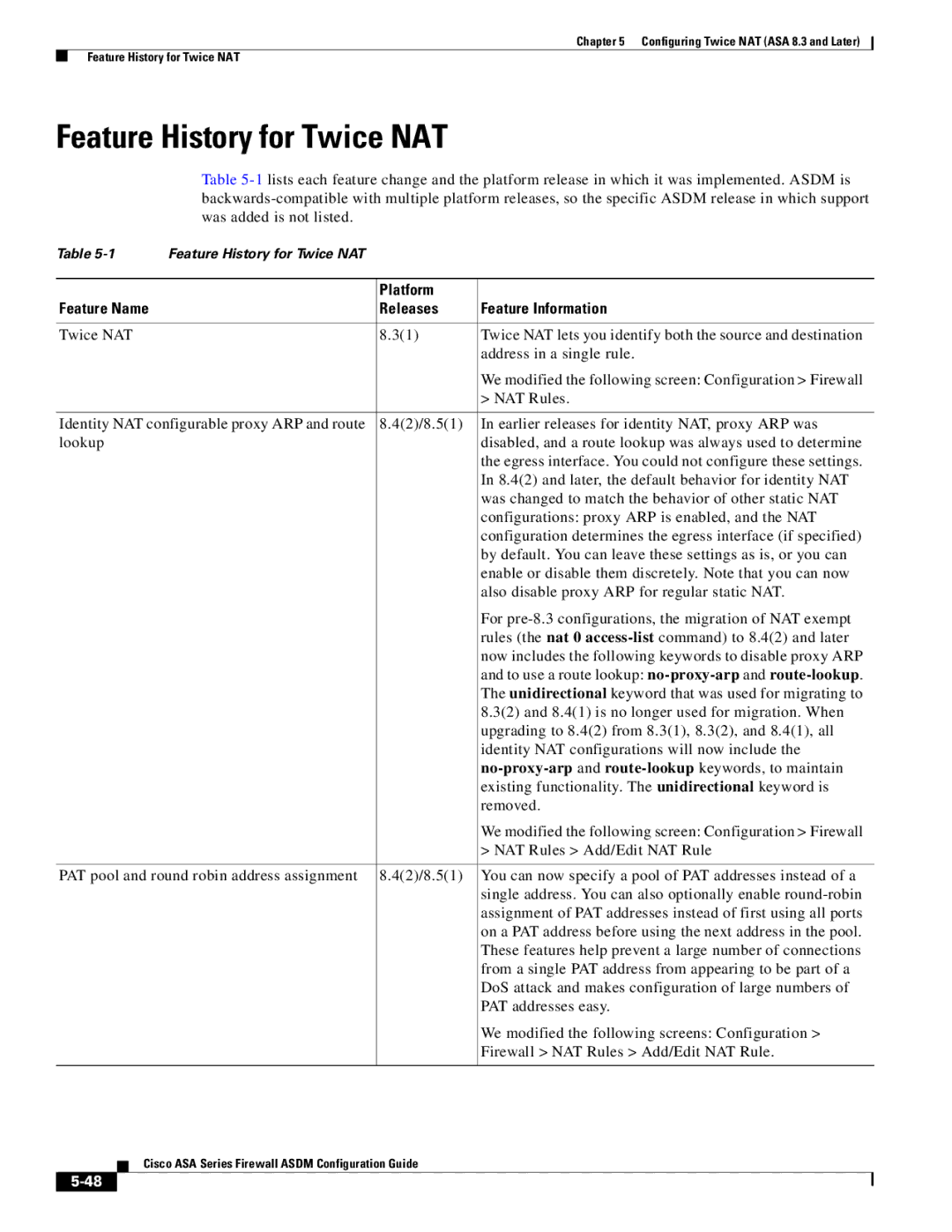 Cisco Systems ASA 5580, ASA 5505 manual Feature History for Twice NAT, Platform Feature Name Releases Feature Information 