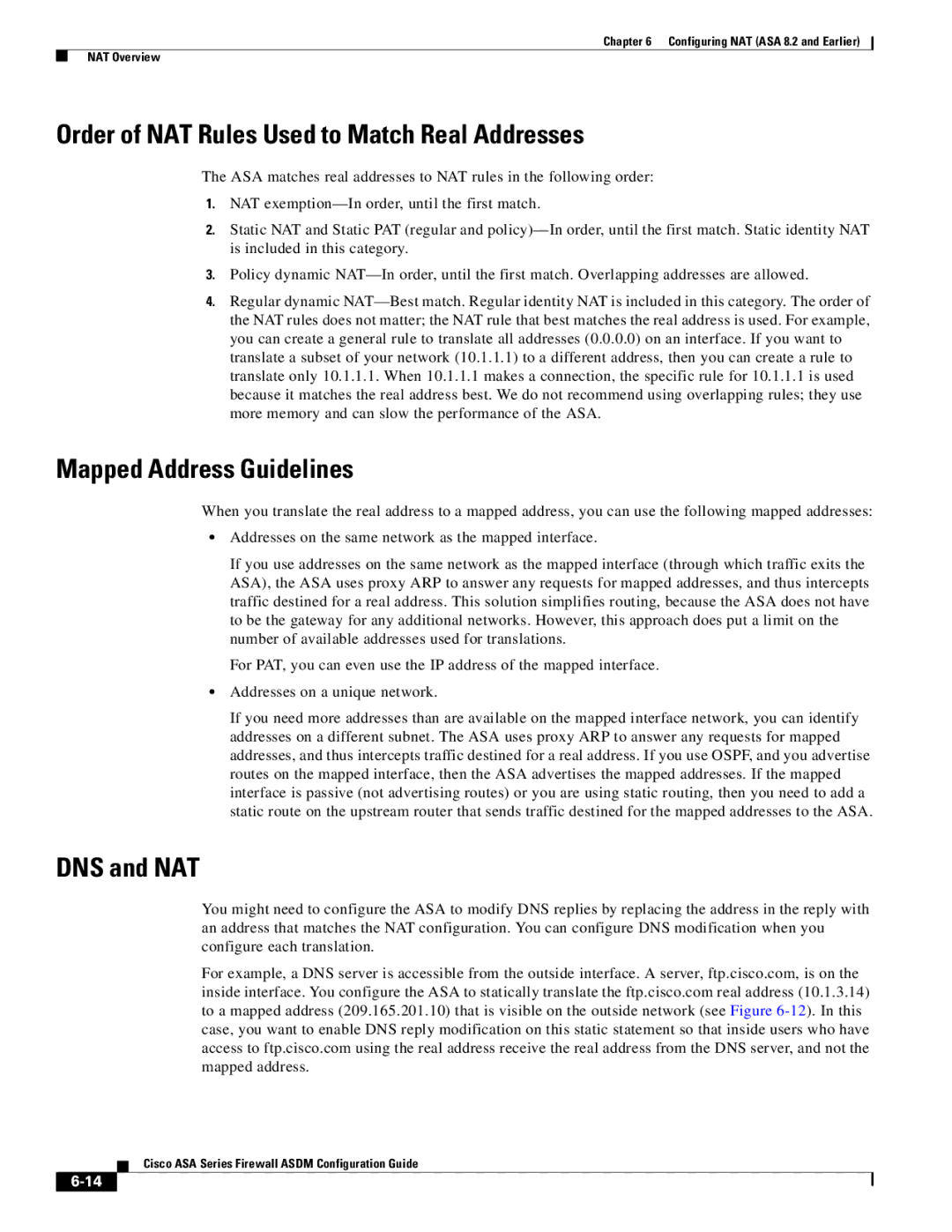 Cisco Systems ASA 5580, ASA 5505 Order of NAT Rules Used to Match Real Addresses, Mapped Address Guidelines, DNS and NAT 