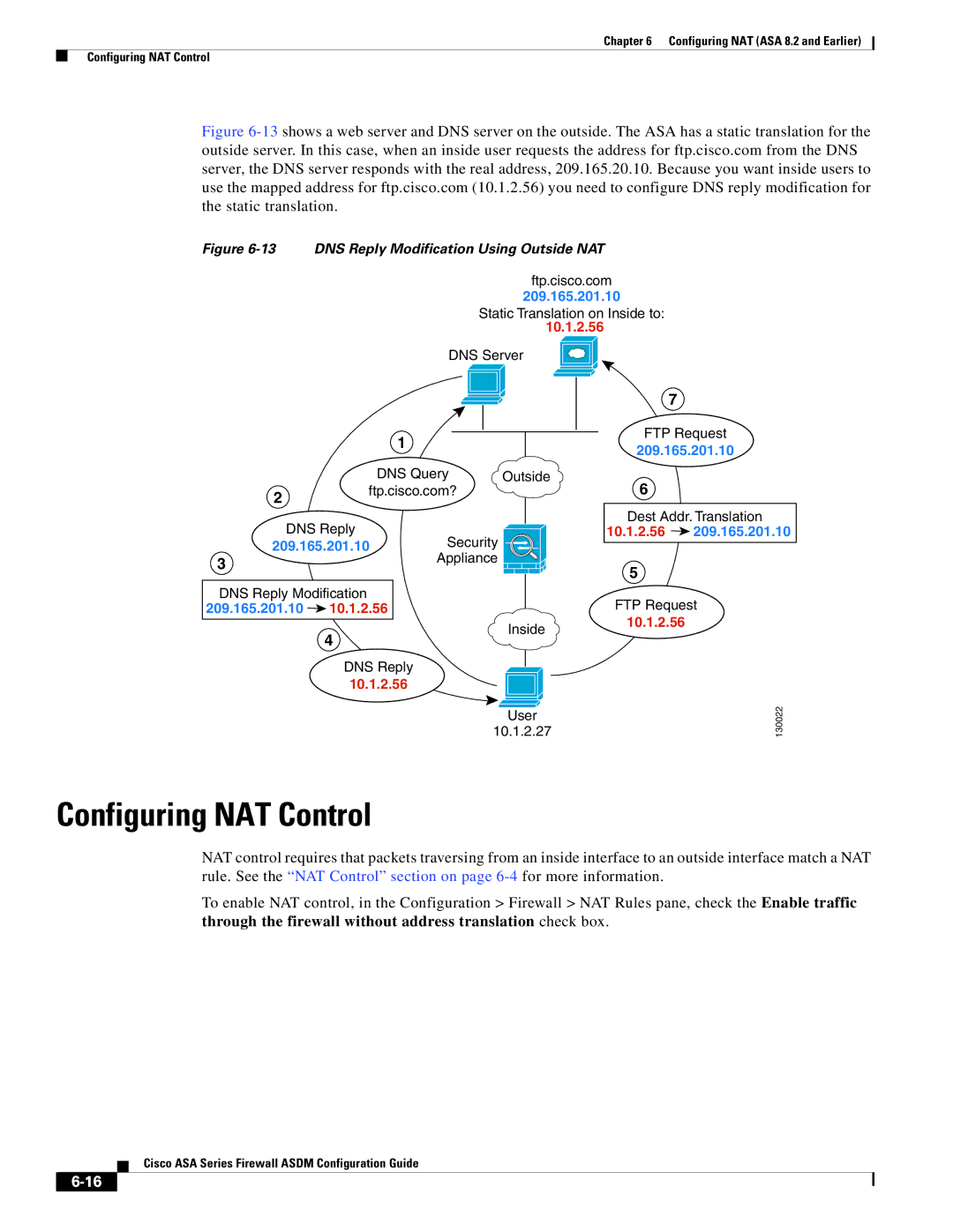 Cisco Systems ASA 5505, ASA 5545-X, ASA 5555-X, ASA 5585-X Configuring NAT Control, DNS Reply Modification Using Outside NAT 