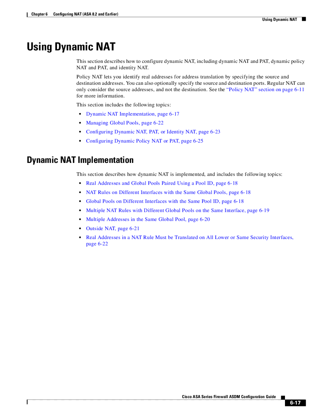 Cisco Systems ASA 5545-X, ASA 5505, ASA 5555-X, ASA 5585-X, ASA 5580 manual Using Dynamic NAT, Dynamic NAT Implementation 