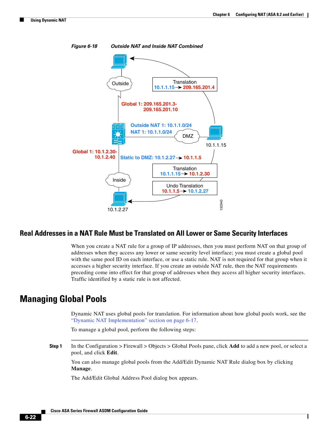 Cisco Systems ASA 5505, ASA 5545-X, ASA 5555-X, ASA 5585-X manual Managing Global Pools, Outside NAT and Inside NAT Combined 