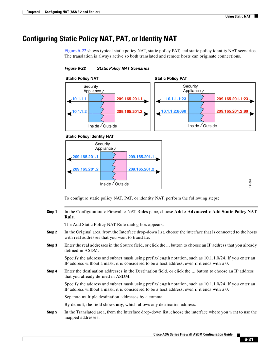 Cisco Systems ASA 5585-X, ASA 5505 manual Configuring Static Policy NAT, PAT, or Identity NAT, Static Policy NAT Scenarios 