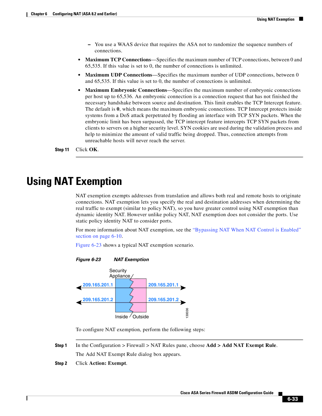 Cisco Systems ASA Services Module, ASA 5505, ASA 5545-X, ASA 5555-X, ASA 5585-X manual Using NAT Exemption, Click Action Exempt 