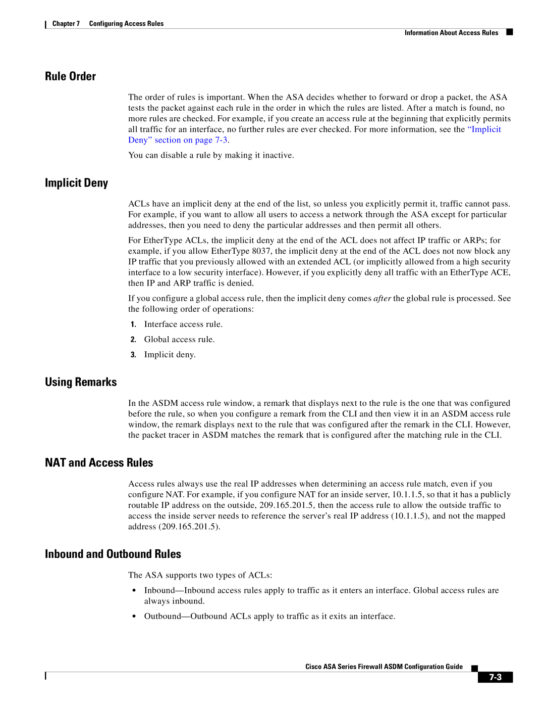 Cisco Systems ASA Services Module, ASA 5505, ASA 5545-X manual Rule Order, Implicit Deny, Using Remarks, NAT and Access Rules 