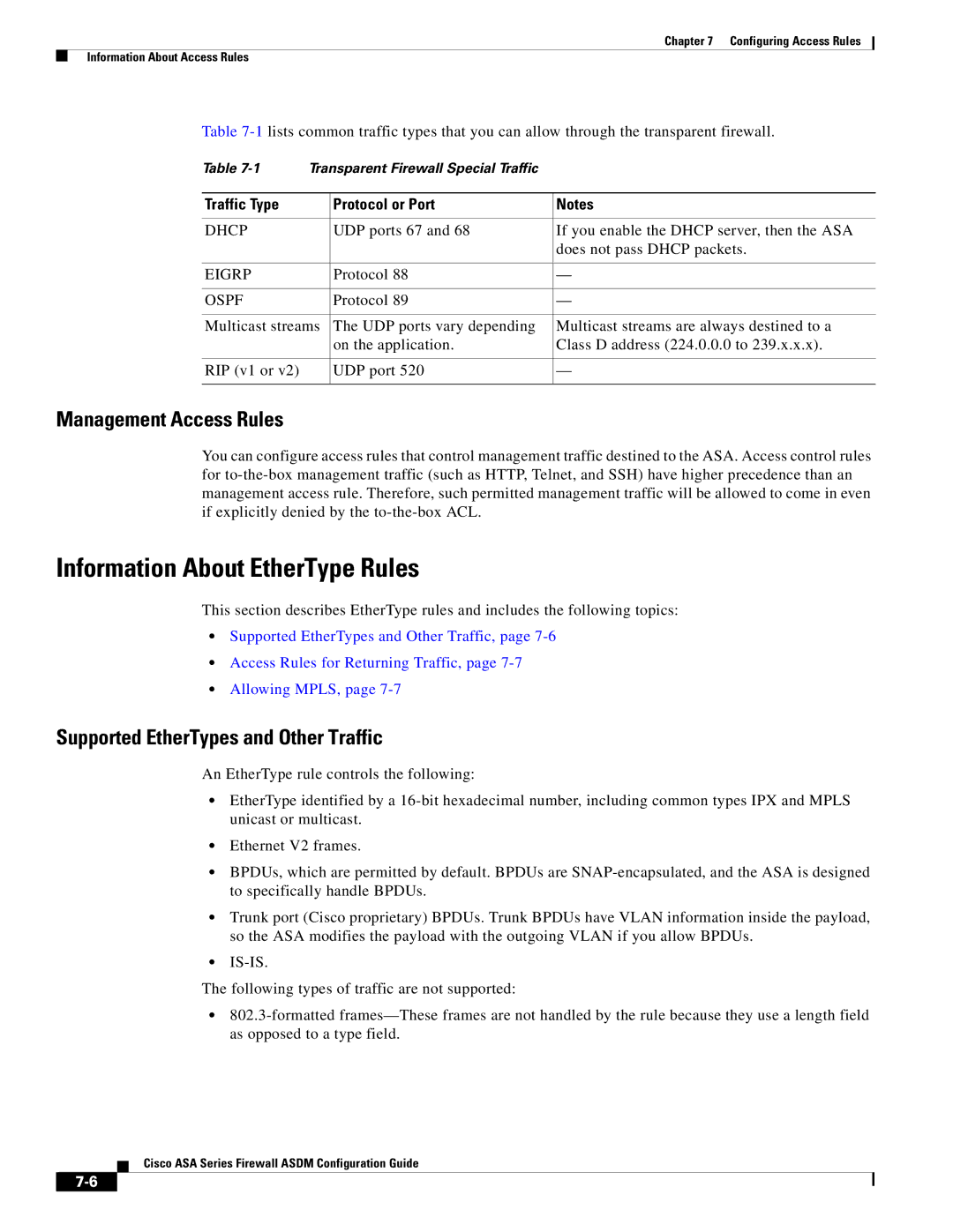 Cisco Systems ASA 5555-X manual Information About EtherType Rules, Management Access Rules, Traffic Type Protocol or Port 