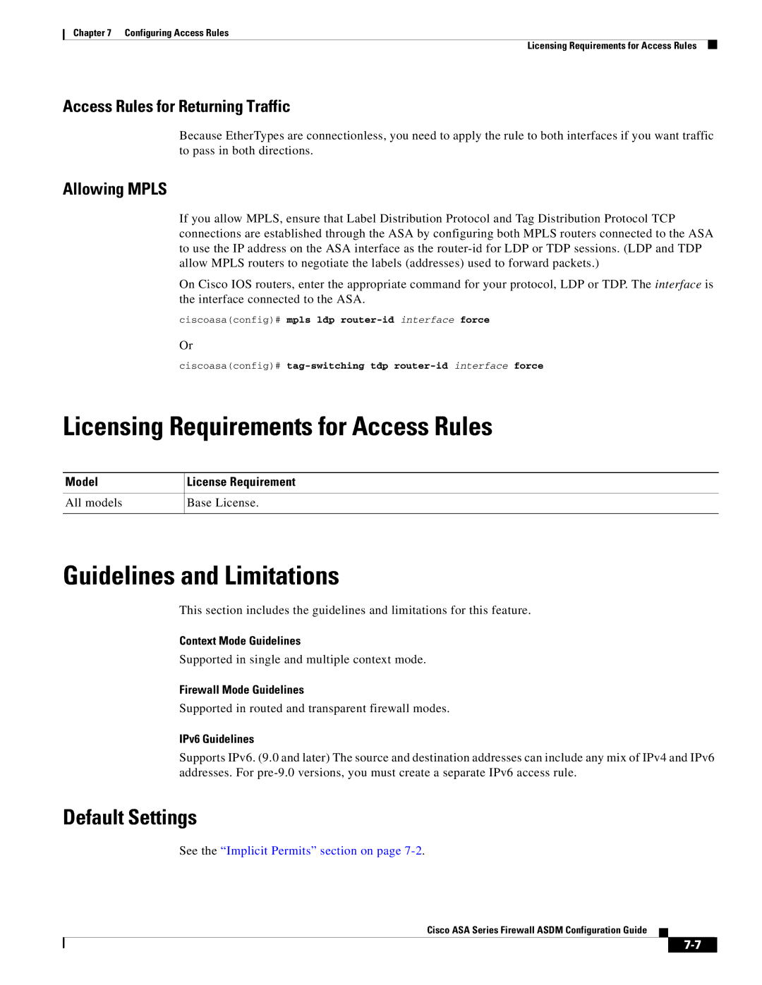 Cisco Systems ASA 5585-X, ASA 5505, ASA 5545-X Licensing Requirements for Access Rules, Default Settings, Allowing Mpls 