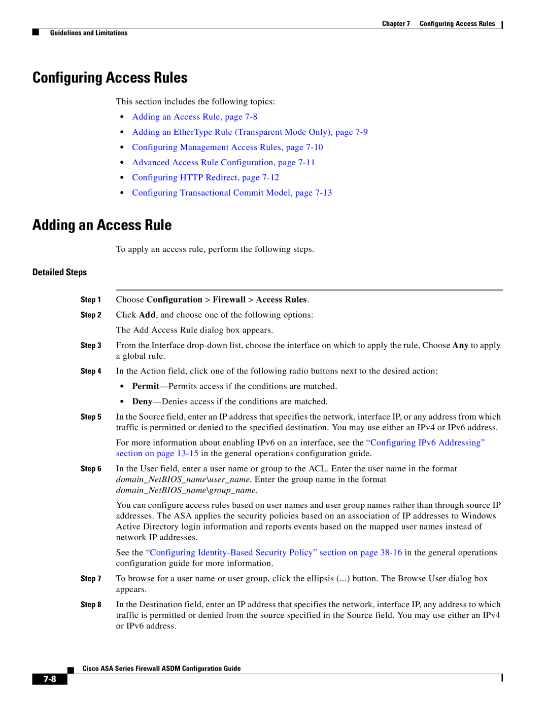 Cisco Systems ASA 5580 manual Configuring Access Rules, Adding an Access Rule, Choose Configuration Firewall Access Rules 