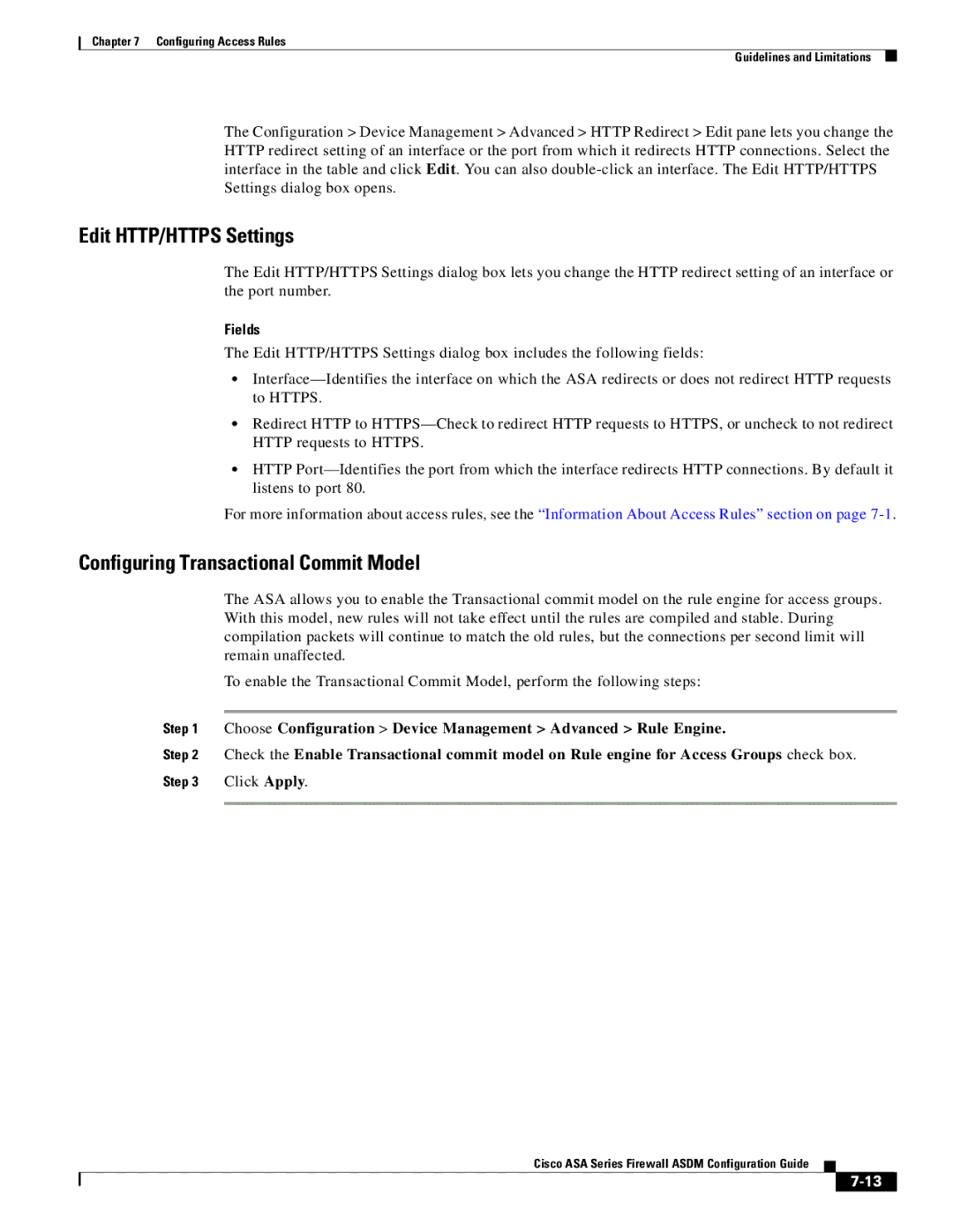 Cisco Systems ASA 5585-X, ASA 5505, ASA 5545-X, ASA 5555-X Edit HTTP/HTTPS Settings, Configuring Transactional Commit Model 